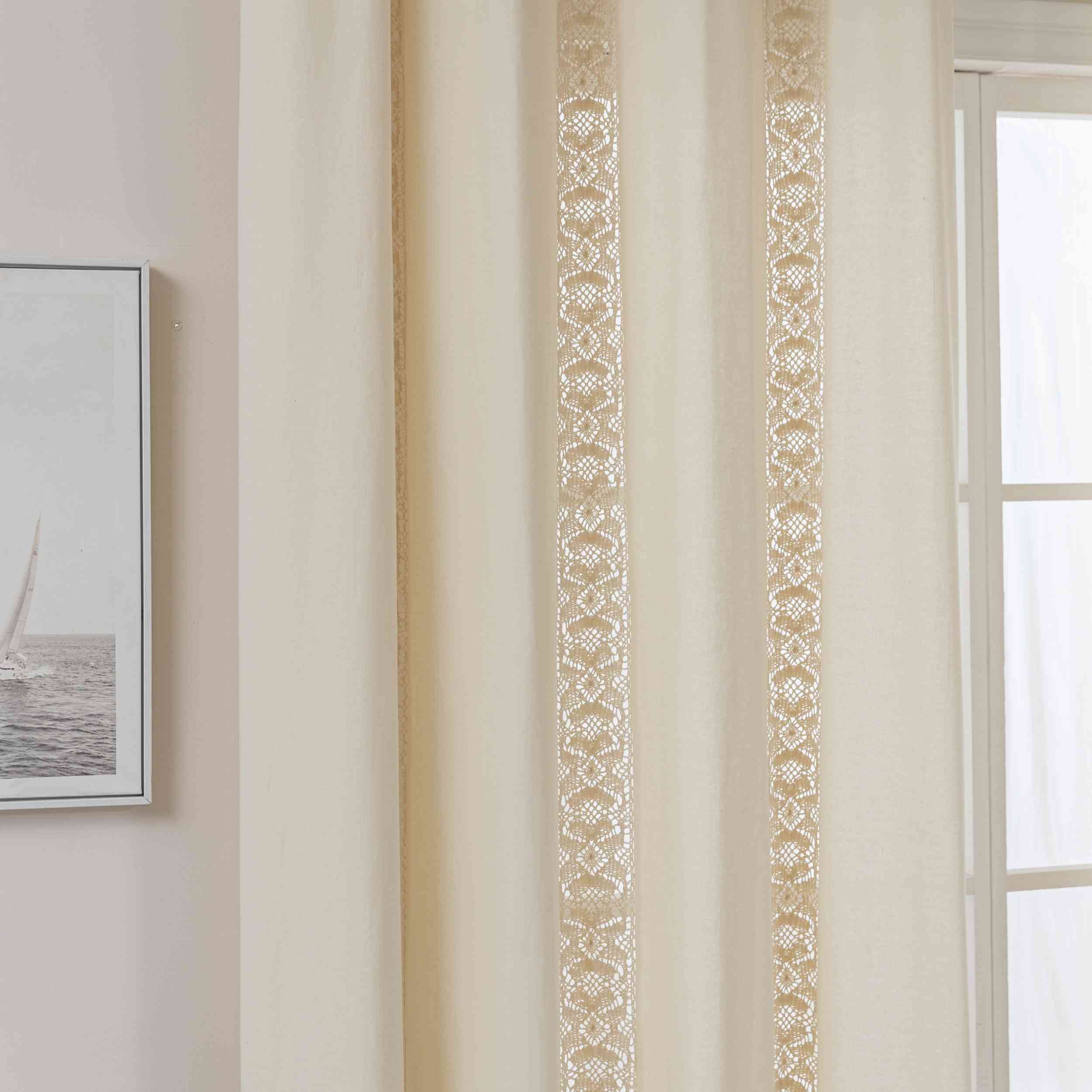 2er Set Vorhang Ösen »Osaka« HxB 245x140 cm Creme 100% Baumwolle Linenlook Makrameespitze Bommeln Raffhalter Gardinen
