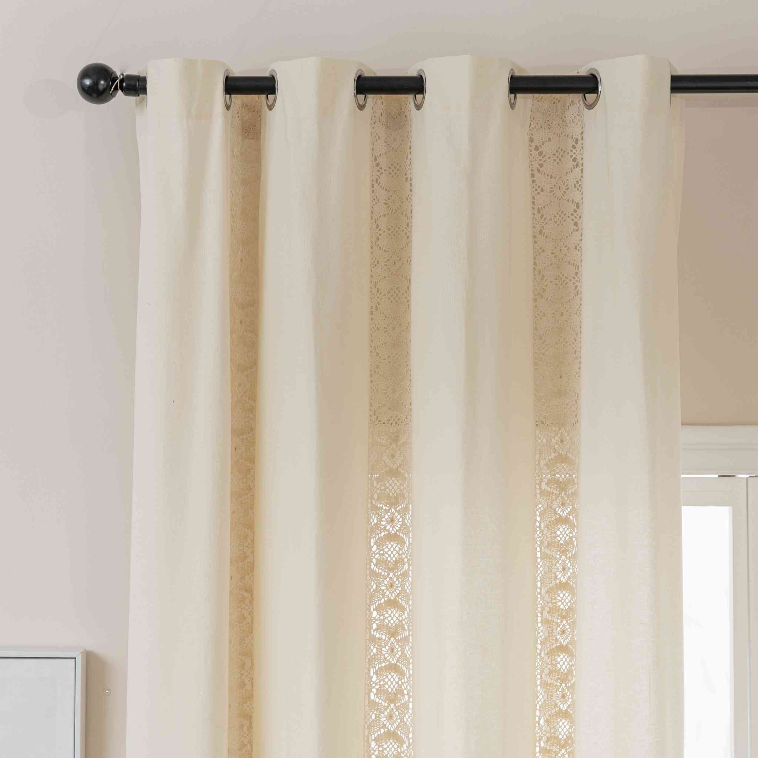 2er Set Vorhang Ösen »Osaka« HxB 245x140 cm Creme 100% Baumwolle Linenlook Makrameespitze Bommeln Raffhalter Gardinen