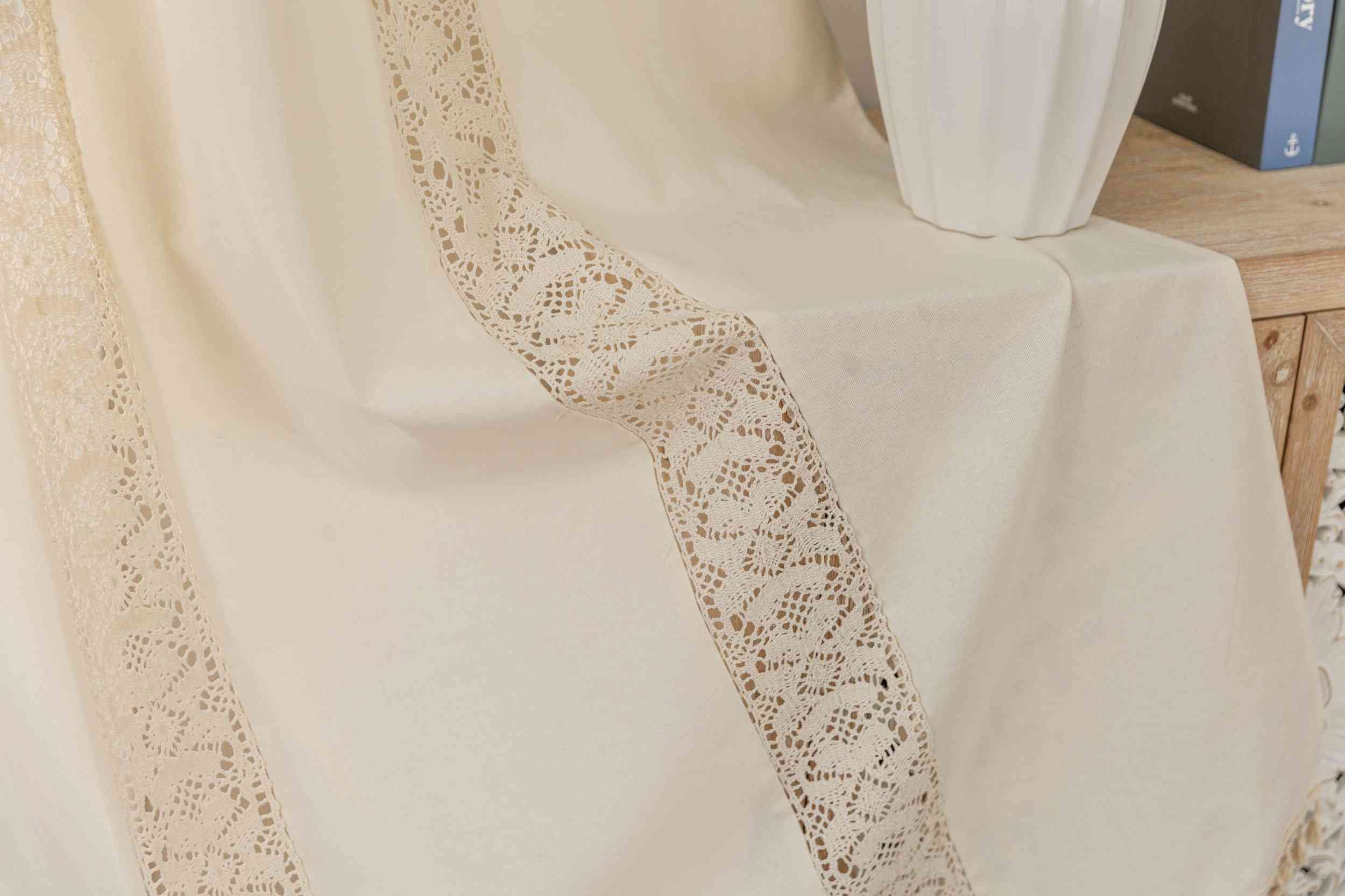 2er Set Vorhang Ösen »Osaka« HxB 245x140 cm Creme 100% Baumwolle Linenlook Makrameespitze Bommeln Raffhalter Gardinen
