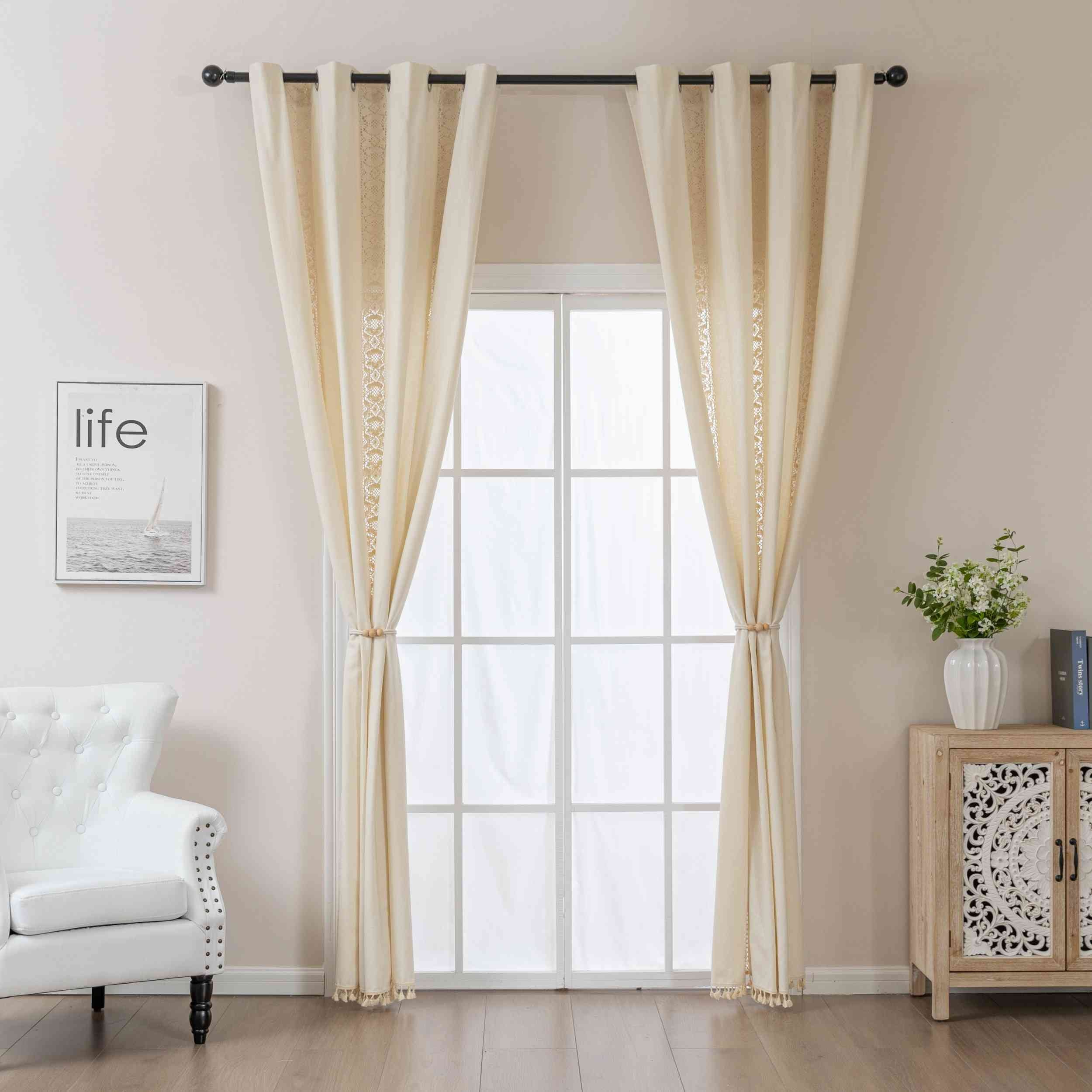 2er Set Vorhang Ösen »Osaka« HxB 245x140 cm Creme 100% Baumwolle Linenlook Makrameespitze Bommeln Raffhalter Gardinen