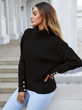 Button Detail On Sleeve Jumper Top With High Neck In Black