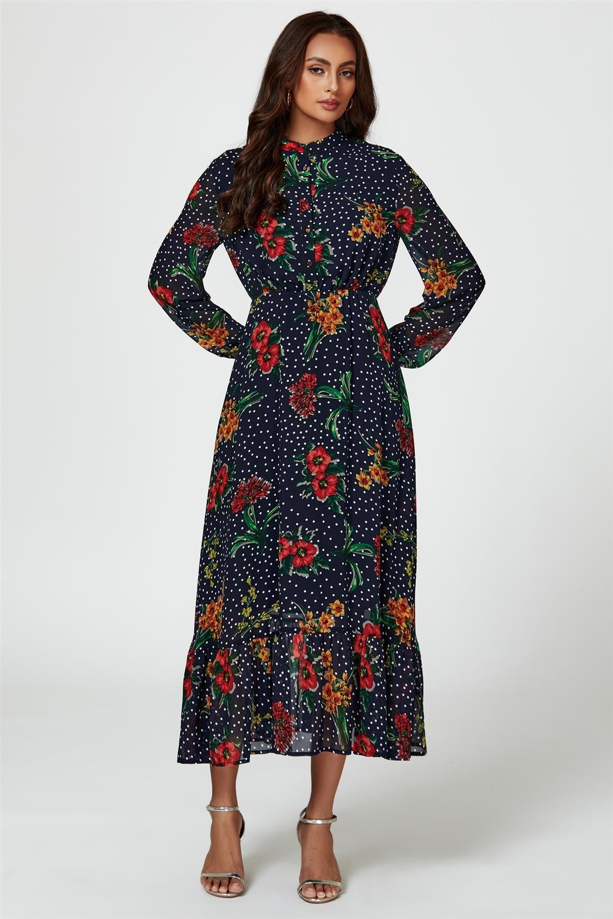 Floral Dot Print Maxi Dress In Navy