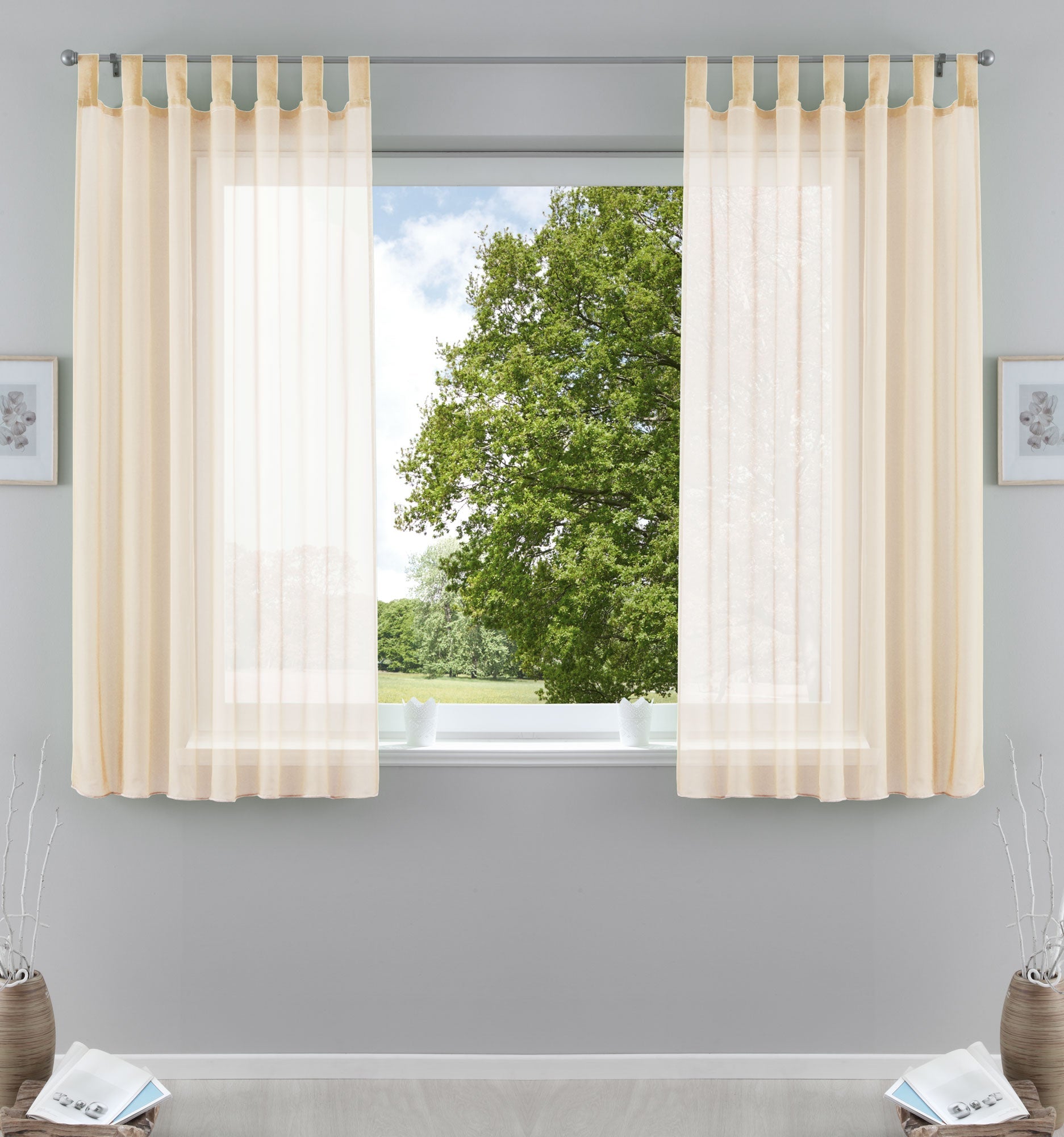 2er-Pack Gardinen Transparent Vorhang Set Wohnzimmer Voile Schlaufenschal mit Bleibandabschluß 61000CN