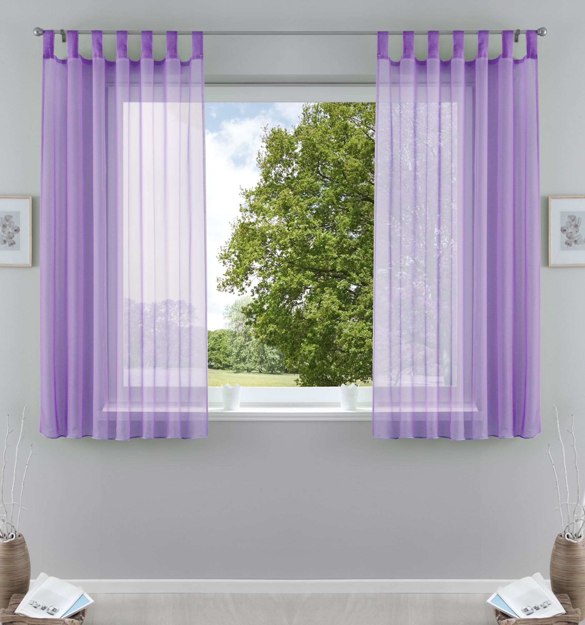 2er-Pack Gardinen Transparent Vorhang Set Wohnzimmer Voile Schlaufenschal mit Bleibandabschluß 61000CN