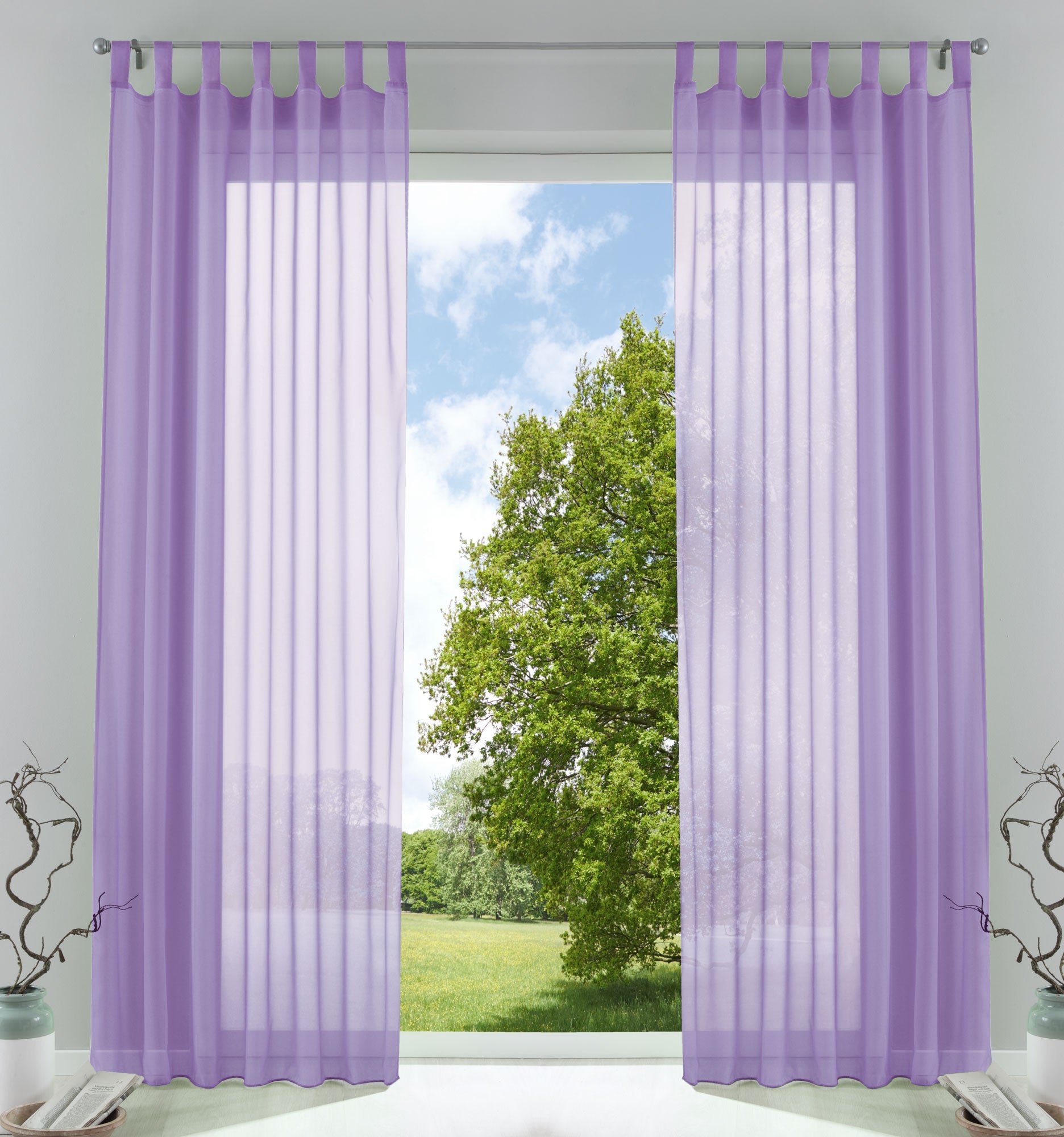 2er-Pack Gardinen Transparent Vorhang Set Wohnzimmer Voile Schlaufenschal mit Bleibandabschluß 61000CN