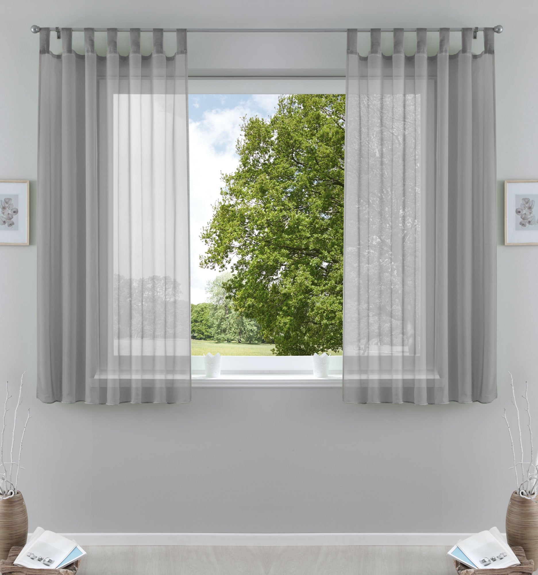 2er-Pack Gardinen Transparent Vorhang Set Wohnzimmer Voile Schlaufenschal mit Bleibandabschluß 61000CN