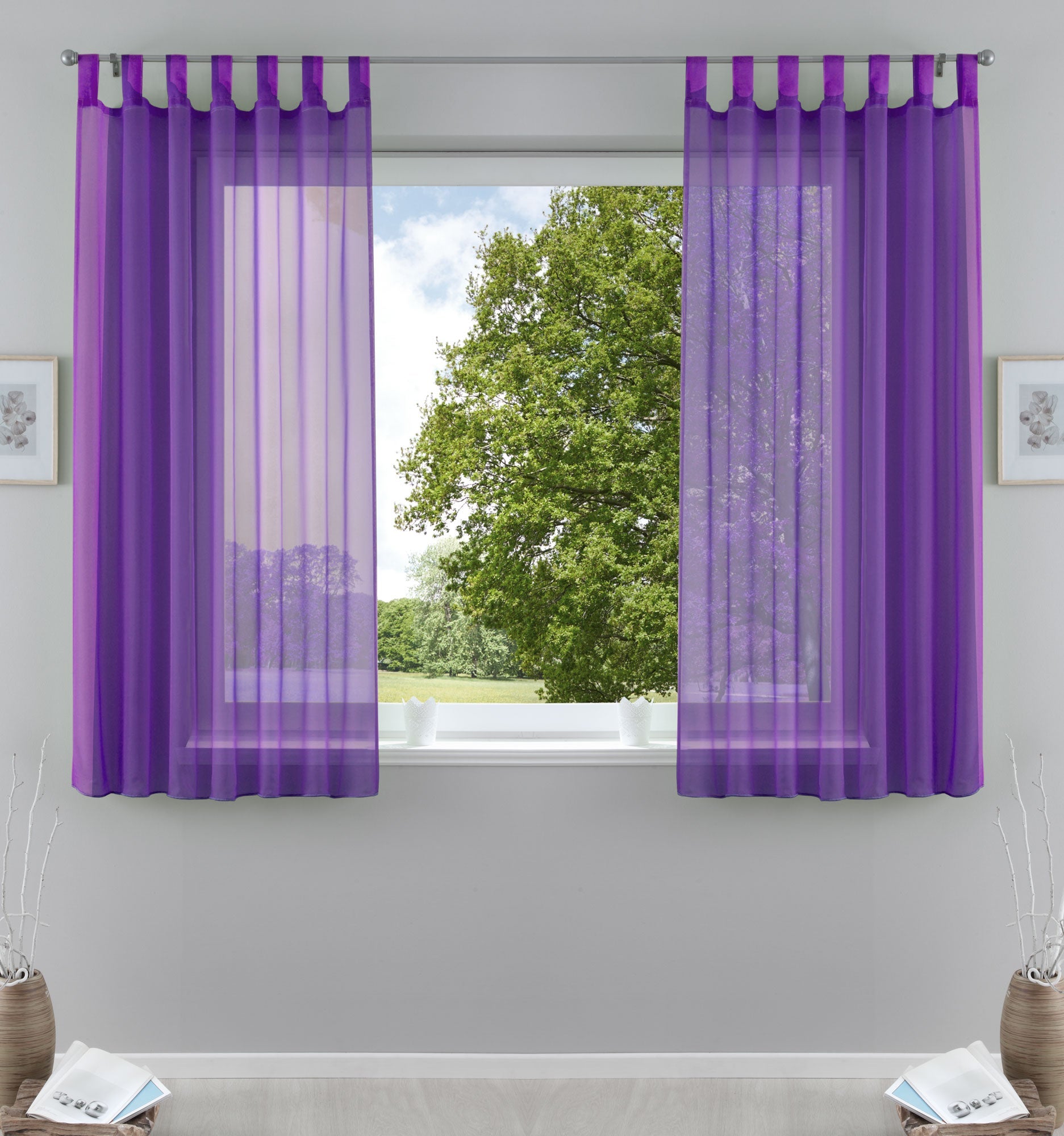 2er-Pack Gardinen Transparent Vorhang Set Wohnzimmer Voile Schlaufenschal mit Bleibandabschluß 61000CN