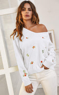 Embroidery Floral V Neck Jumper In White