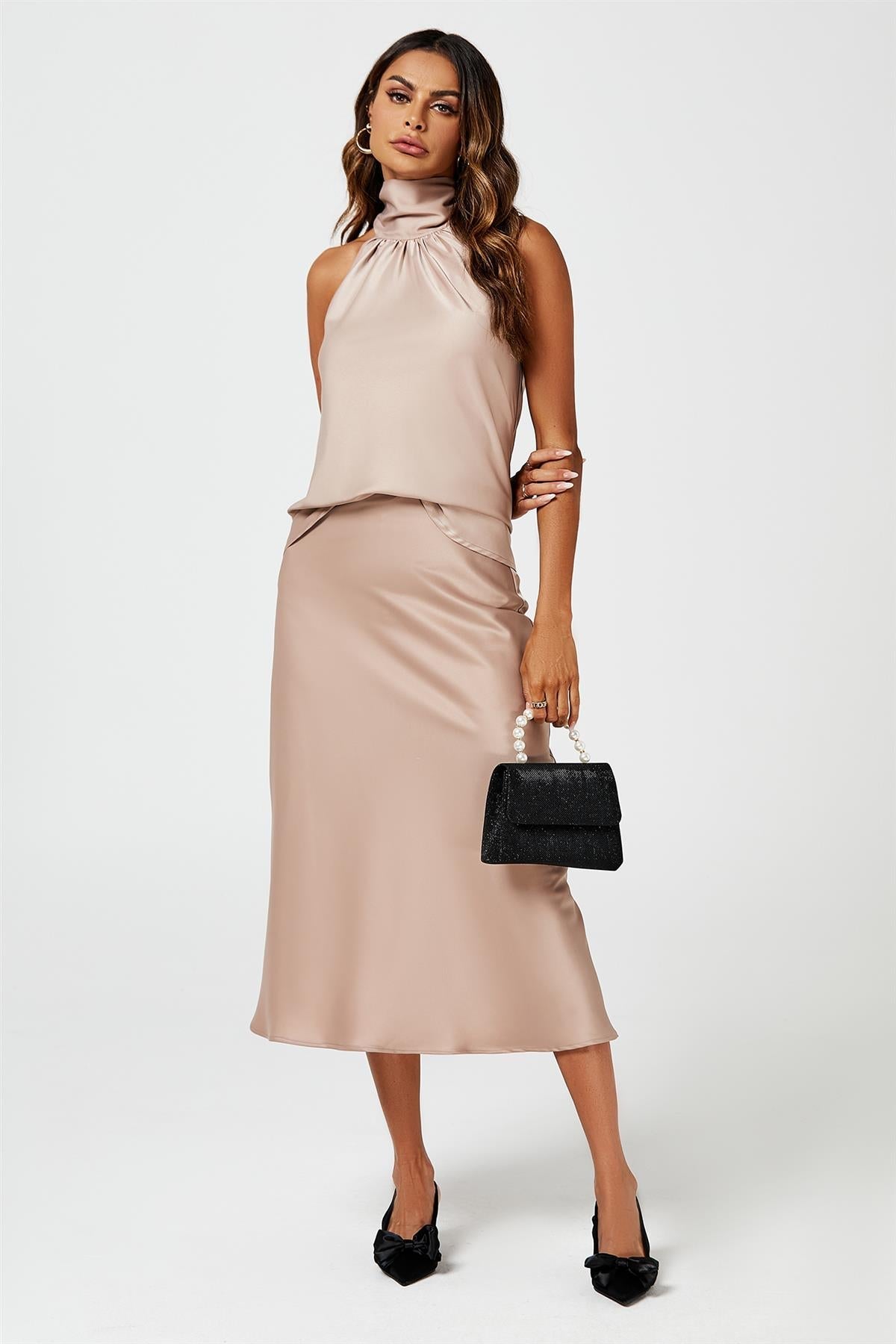 Satin Halter Neck Tie Back Top In Light Brown