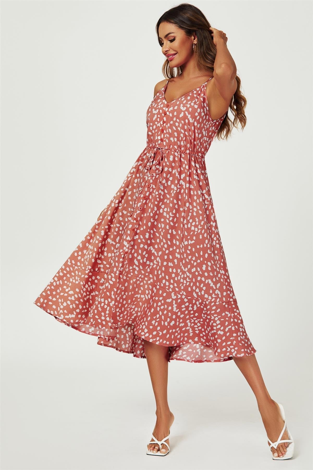 Button Down High Low Strappy Dress In Dusty Red