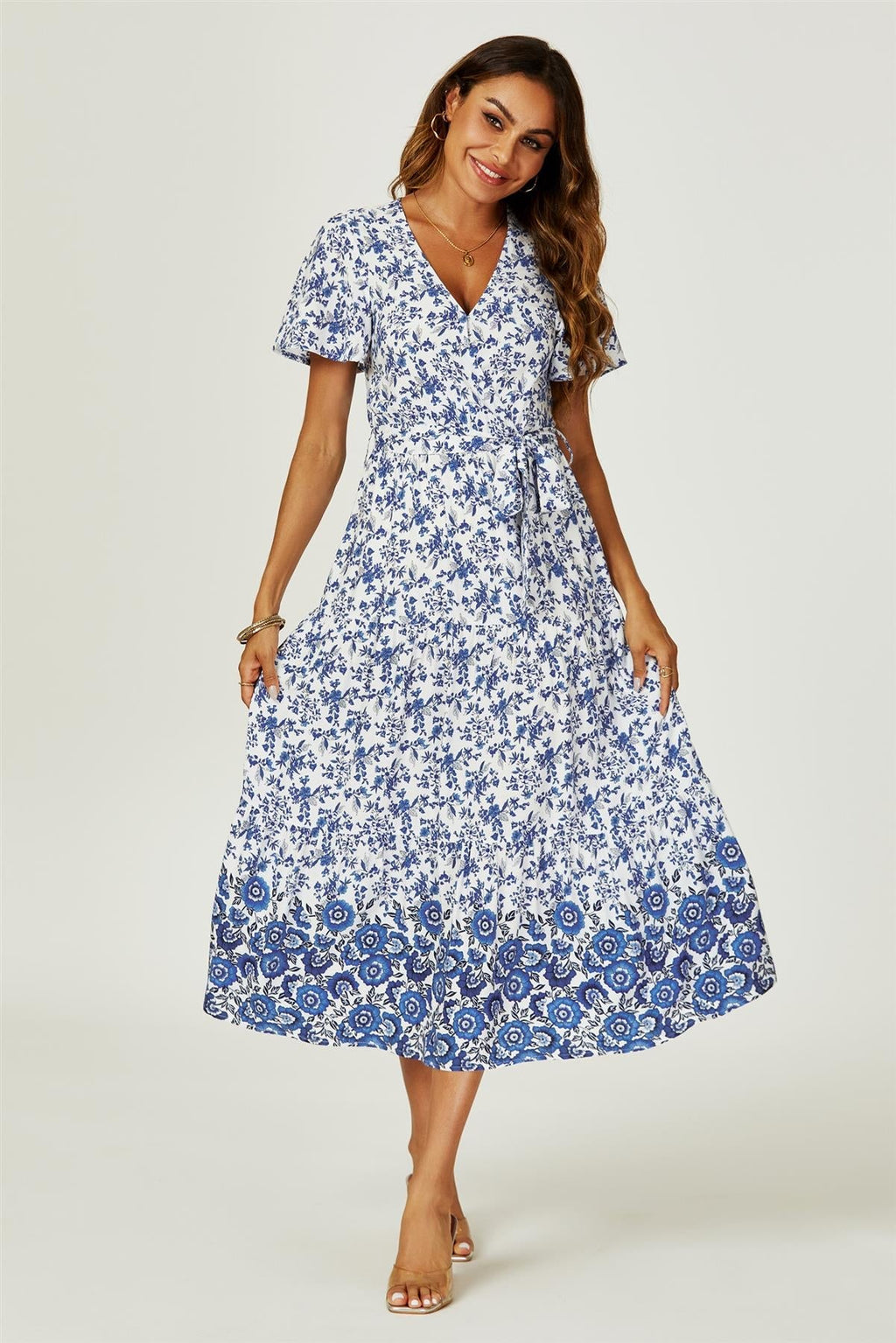 Floral Border Print Hem Tiered Midi Dress In White