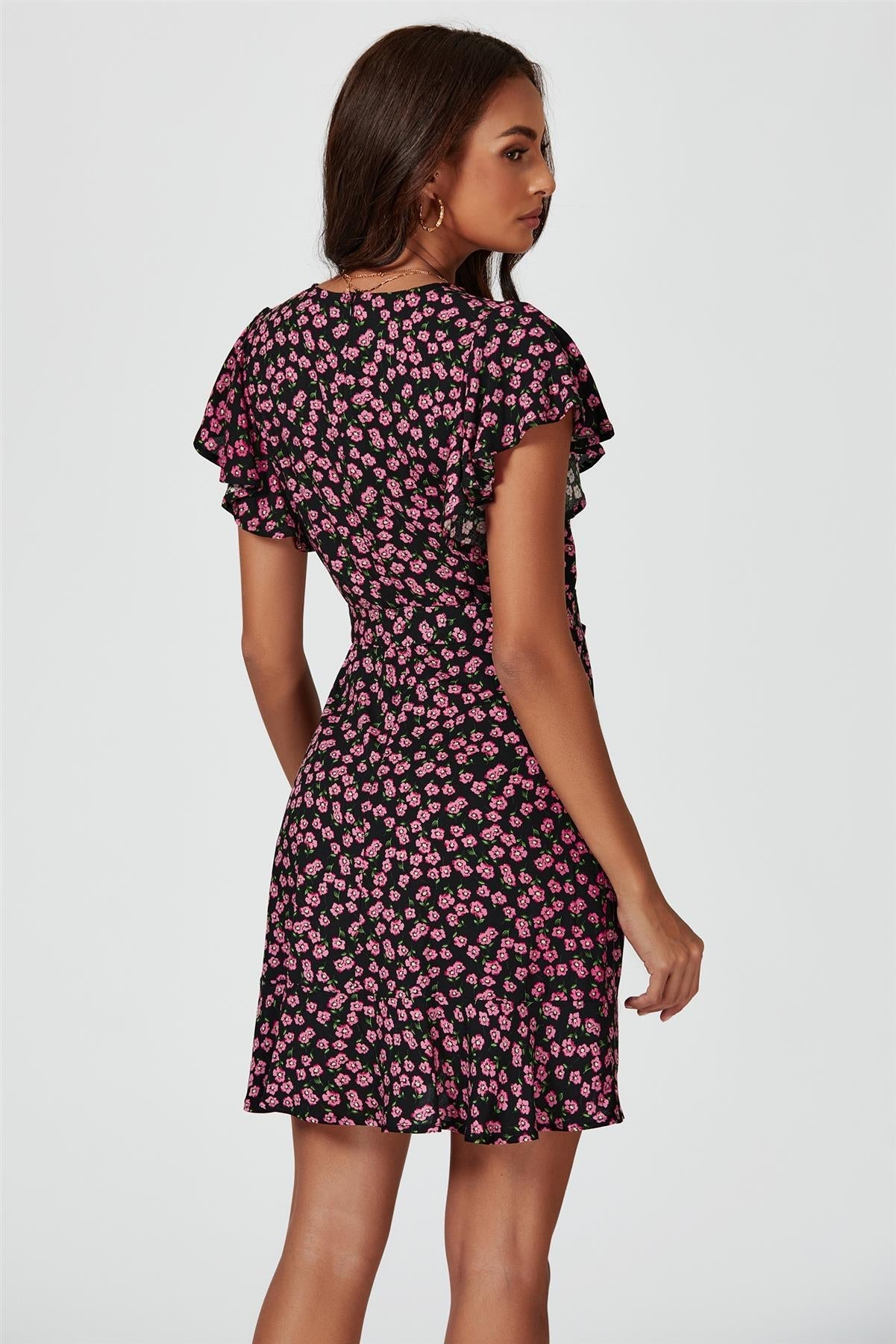 Floral Print Wrap Top Dress In Black