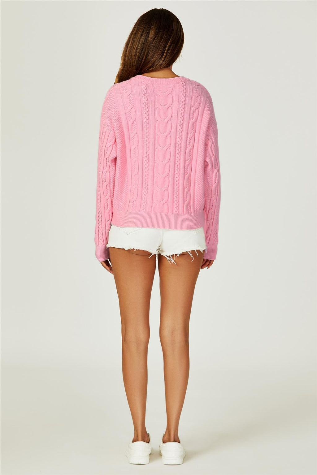 Cable Knit Crew Neck Jumper In Pink