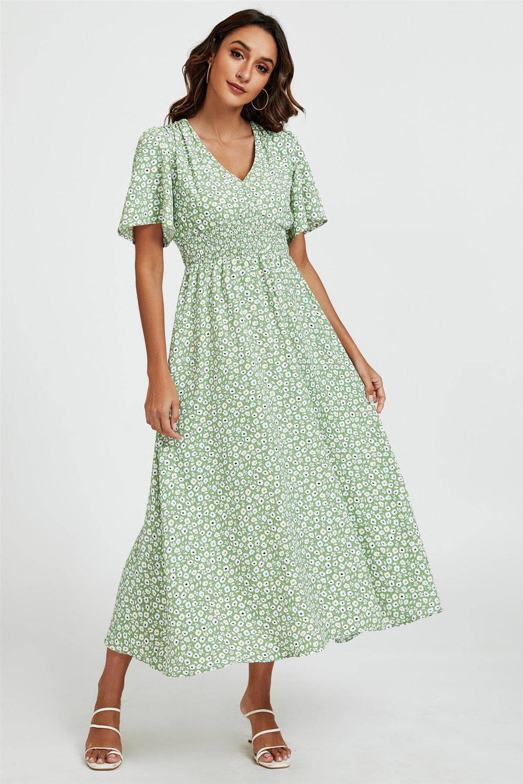 Multi Floral Print V Neck Midi Dress In Green