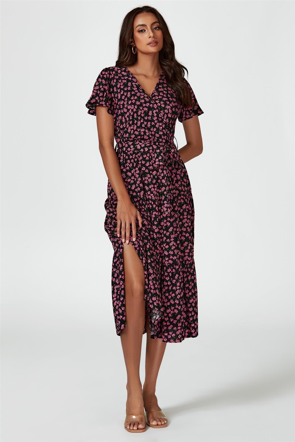 Pink Floral Print Wrap Midi Dress In Black