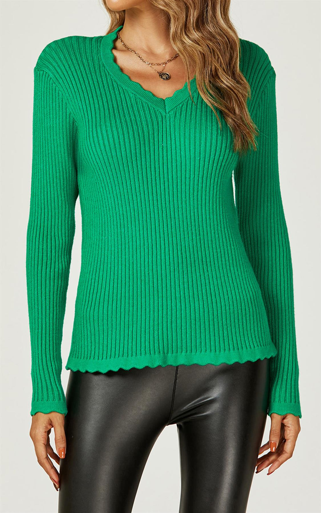 Scallop Crochet Trim V Neck Stretch-Knitted Jumper In Green