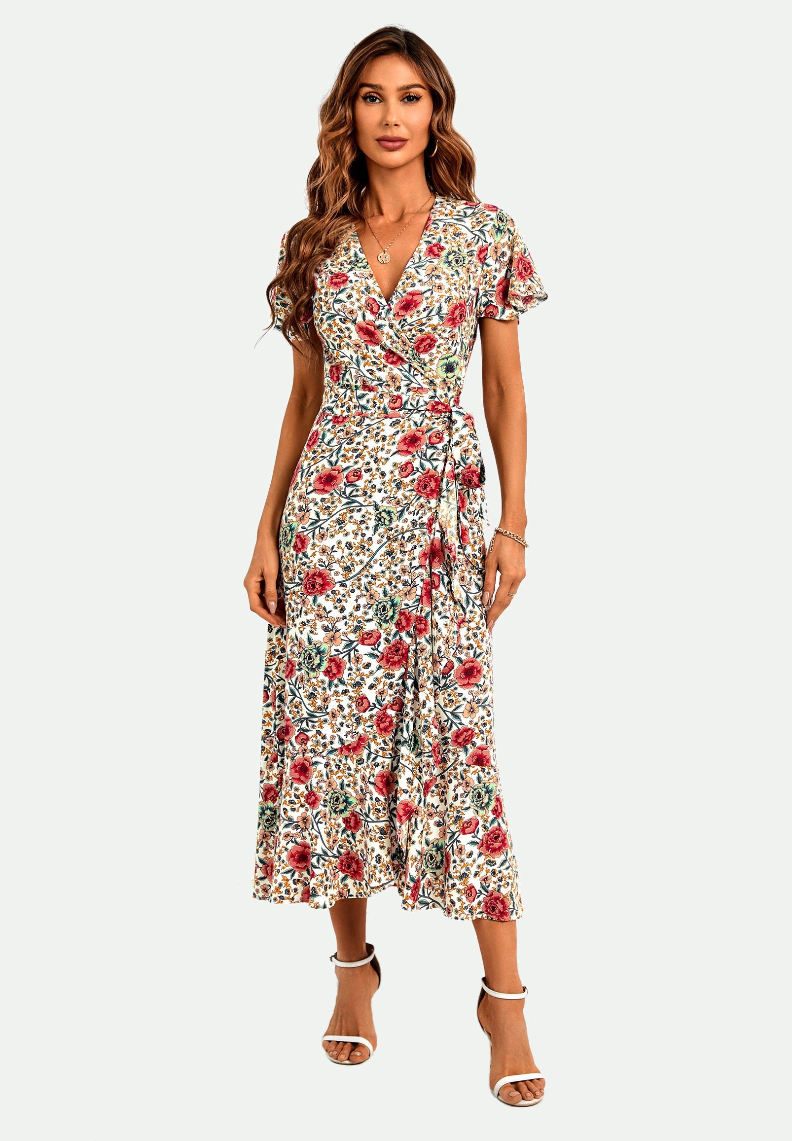 Angel Sleeve Hem Detail Midi Wrap Dress in Offwhite