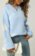 Relaxed Soft Comfy White Star Pattern Jumper Top In Blue