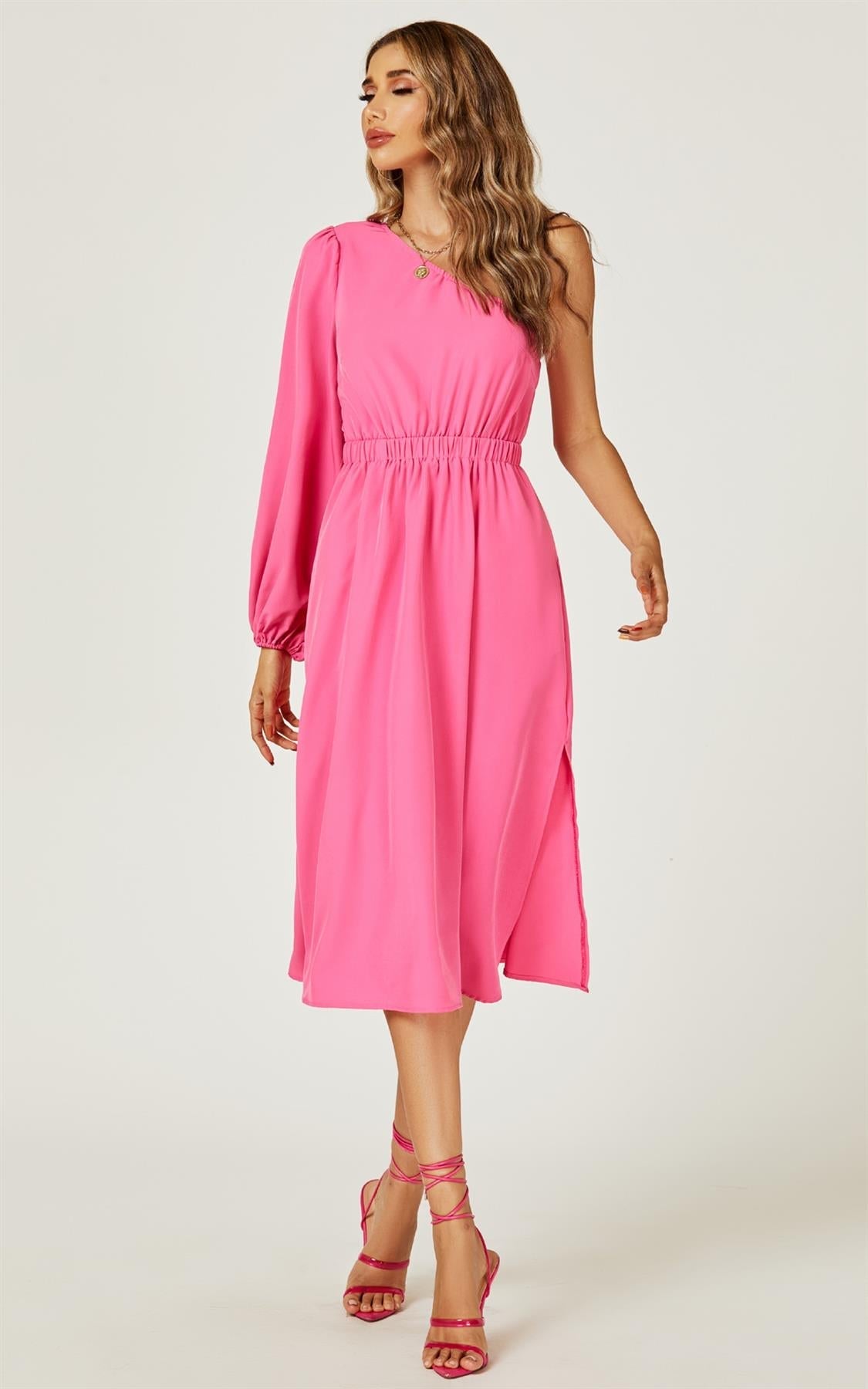 One Shoulder Split Leg Midi Dress In Fuchsia Print