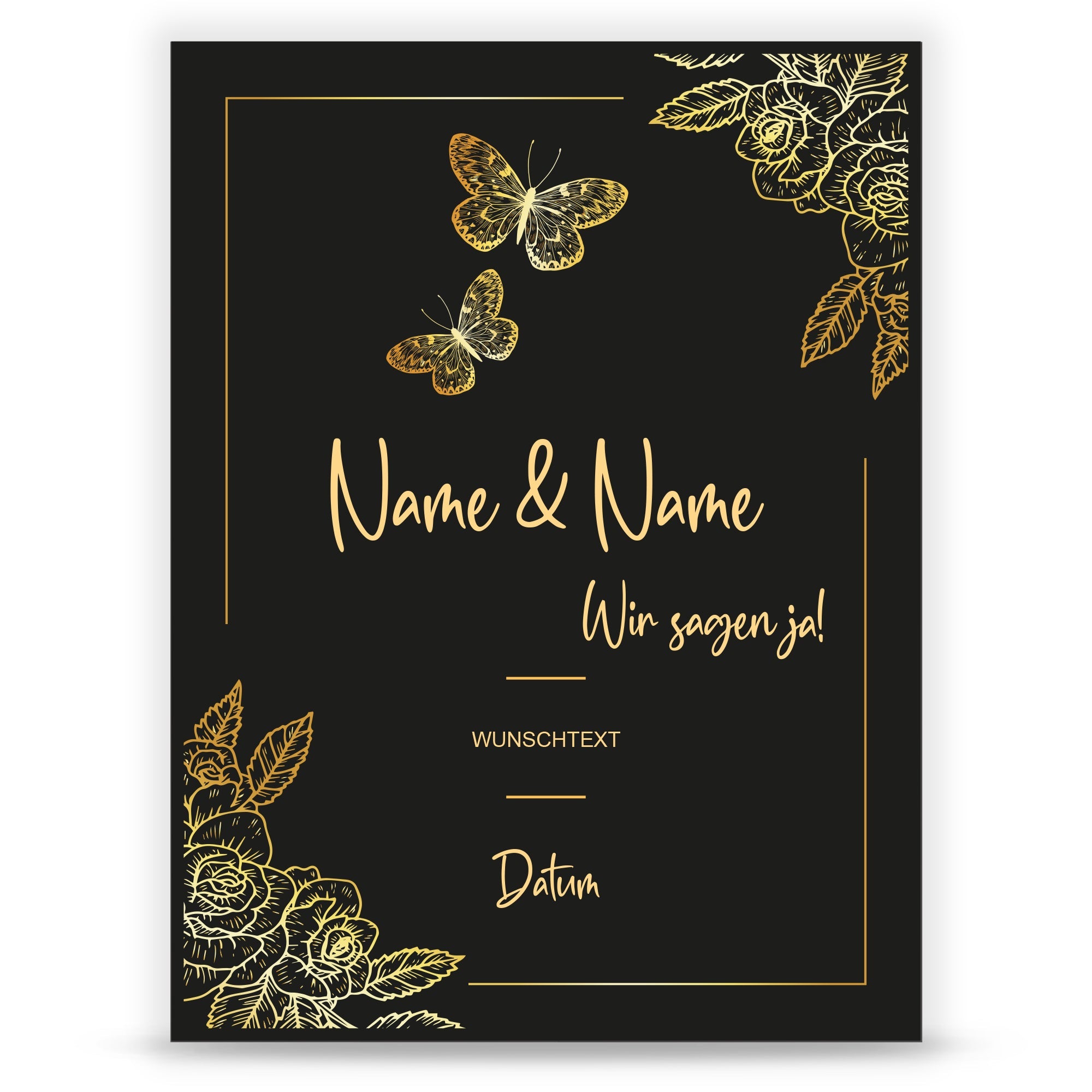 Hochzeitseinladungskarte im Black & Golden Butterflies Design