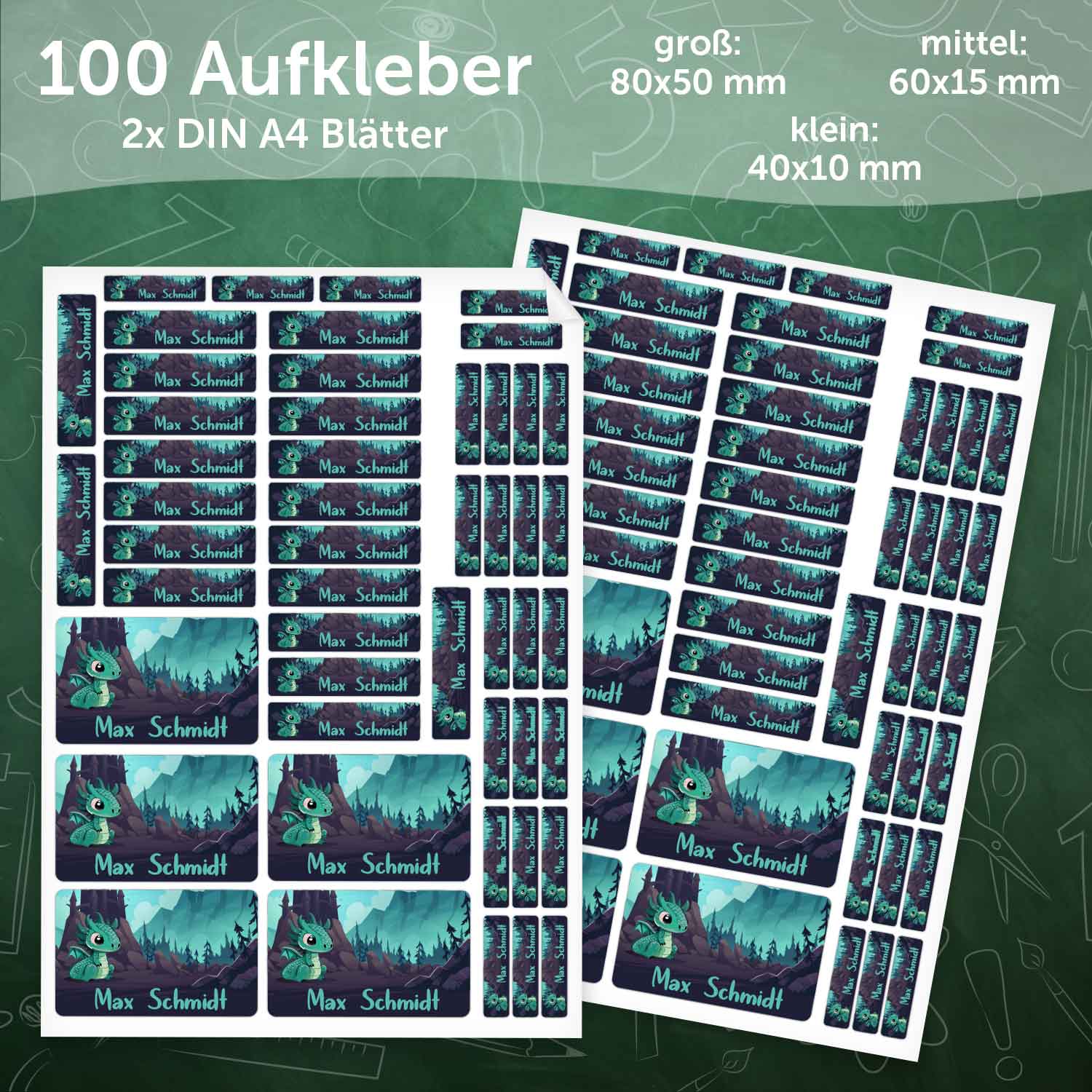Schuletiketten mit Namen - Drachen Design - 100 Aufkleber in verschiedenen Größen