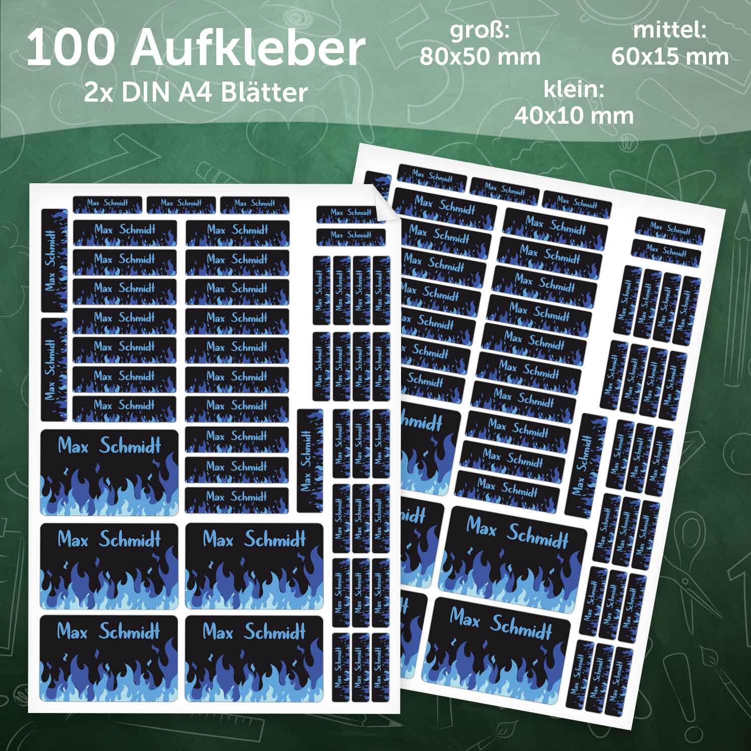 Schuletiketten mit Namen - Flammen Design - 100 Aufkleber in verschiedenen Größen