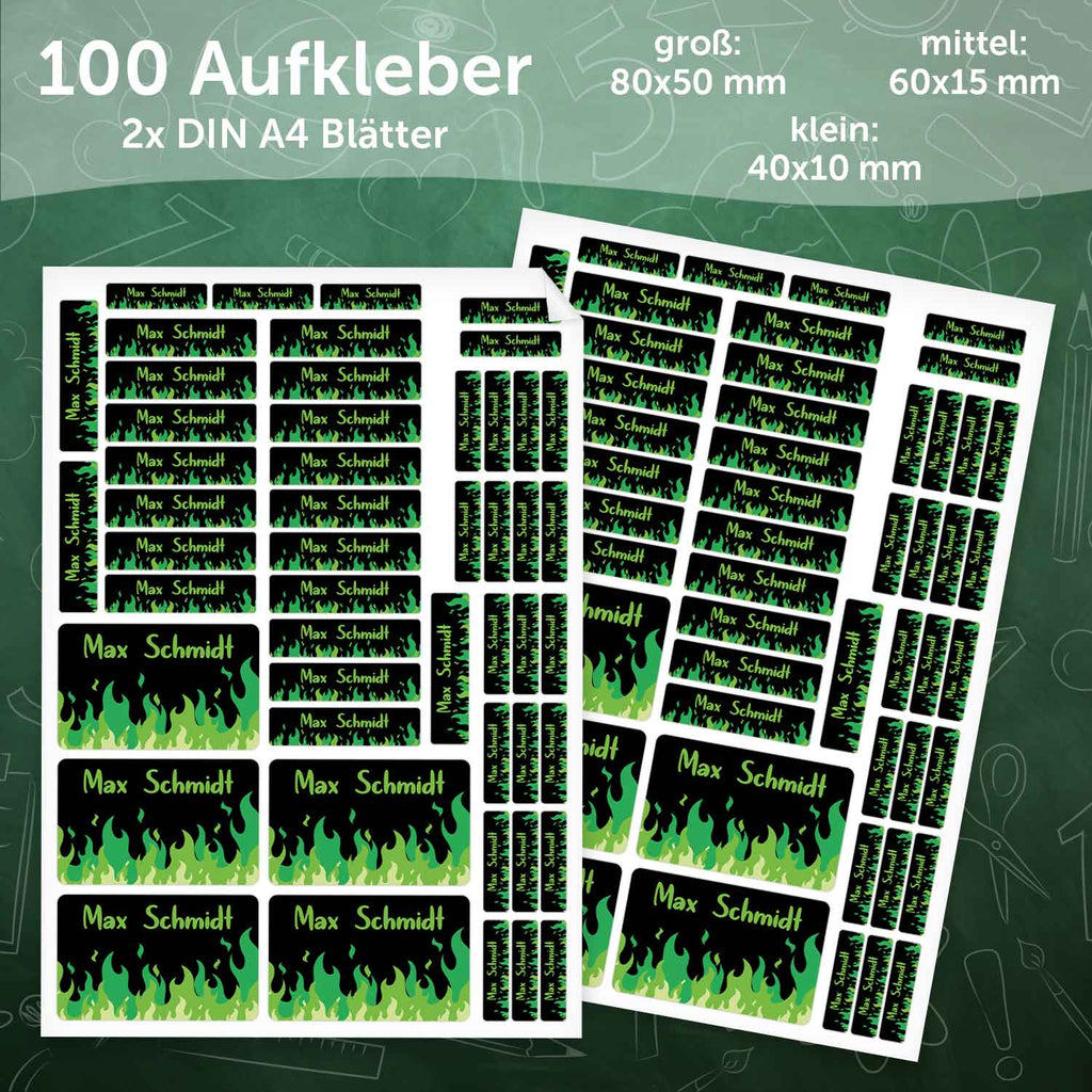 Schuletiketten mit Namen - Flammen Design - 100 Aufkleber in verschiedenen Größen