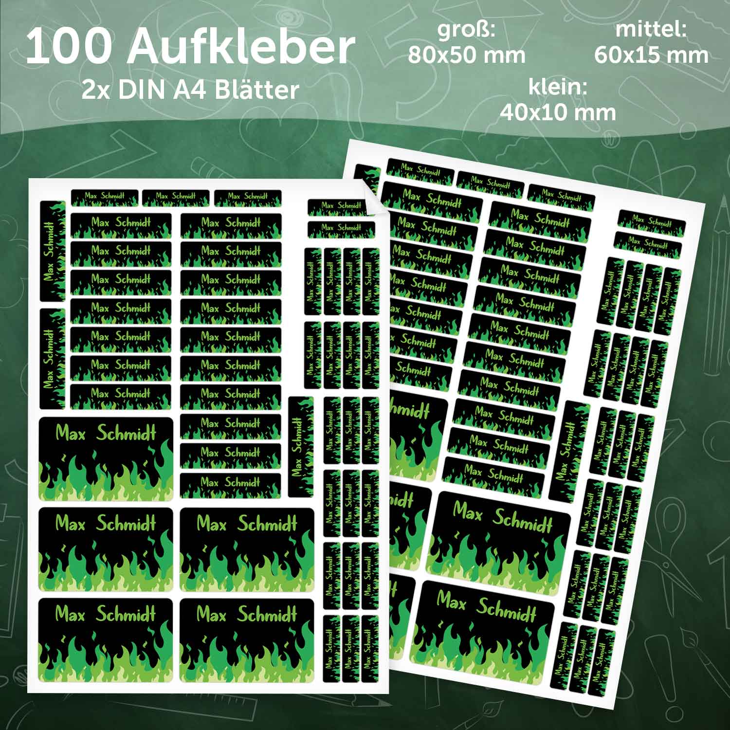 Schuletiketten mit Namen - Flammen Design - 100 Aufkleber in verschiedenen Größen