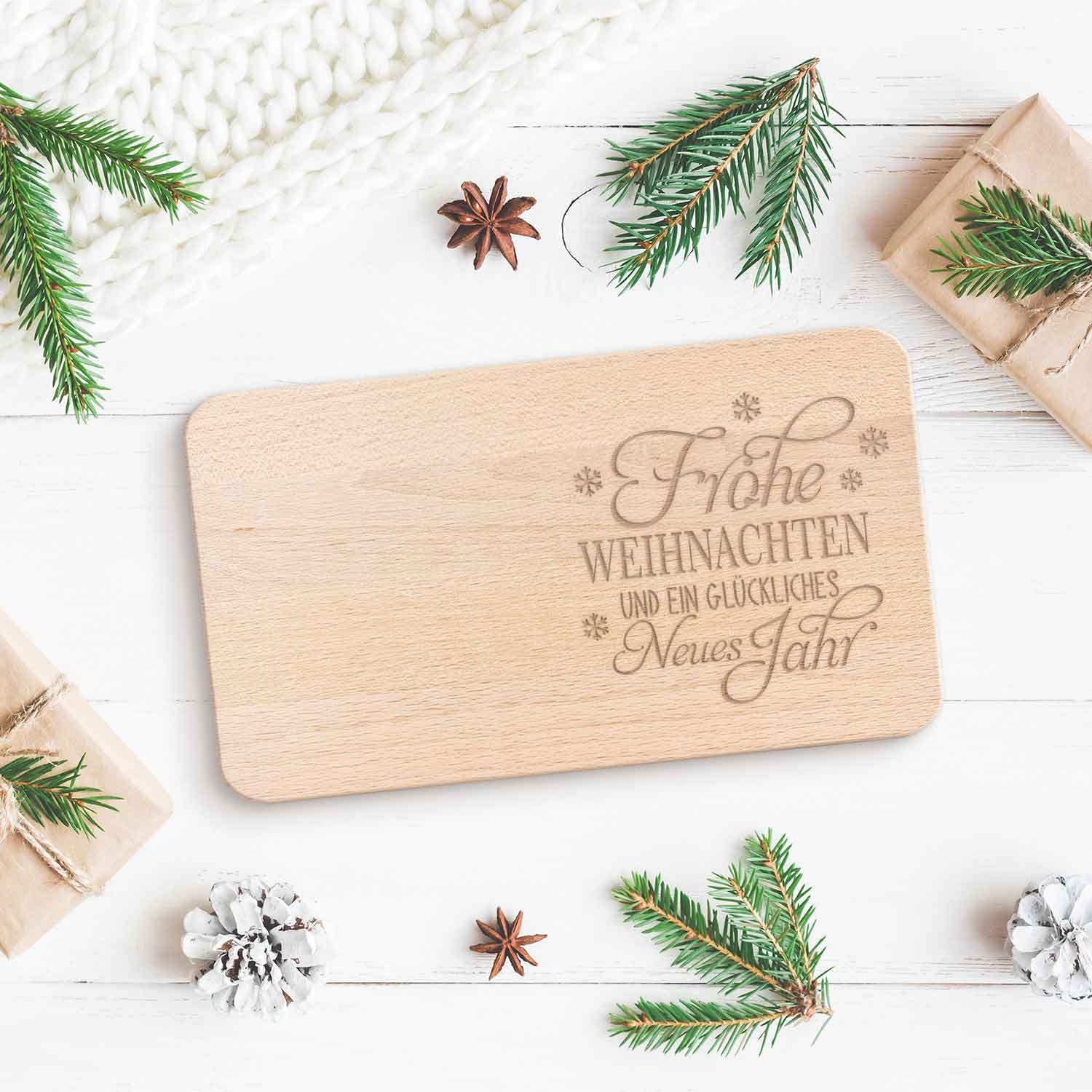 Frühstücksbrettchen aus Holz mit Gravur - Frohe Weihnachten & ein glückliches Neues Jahr