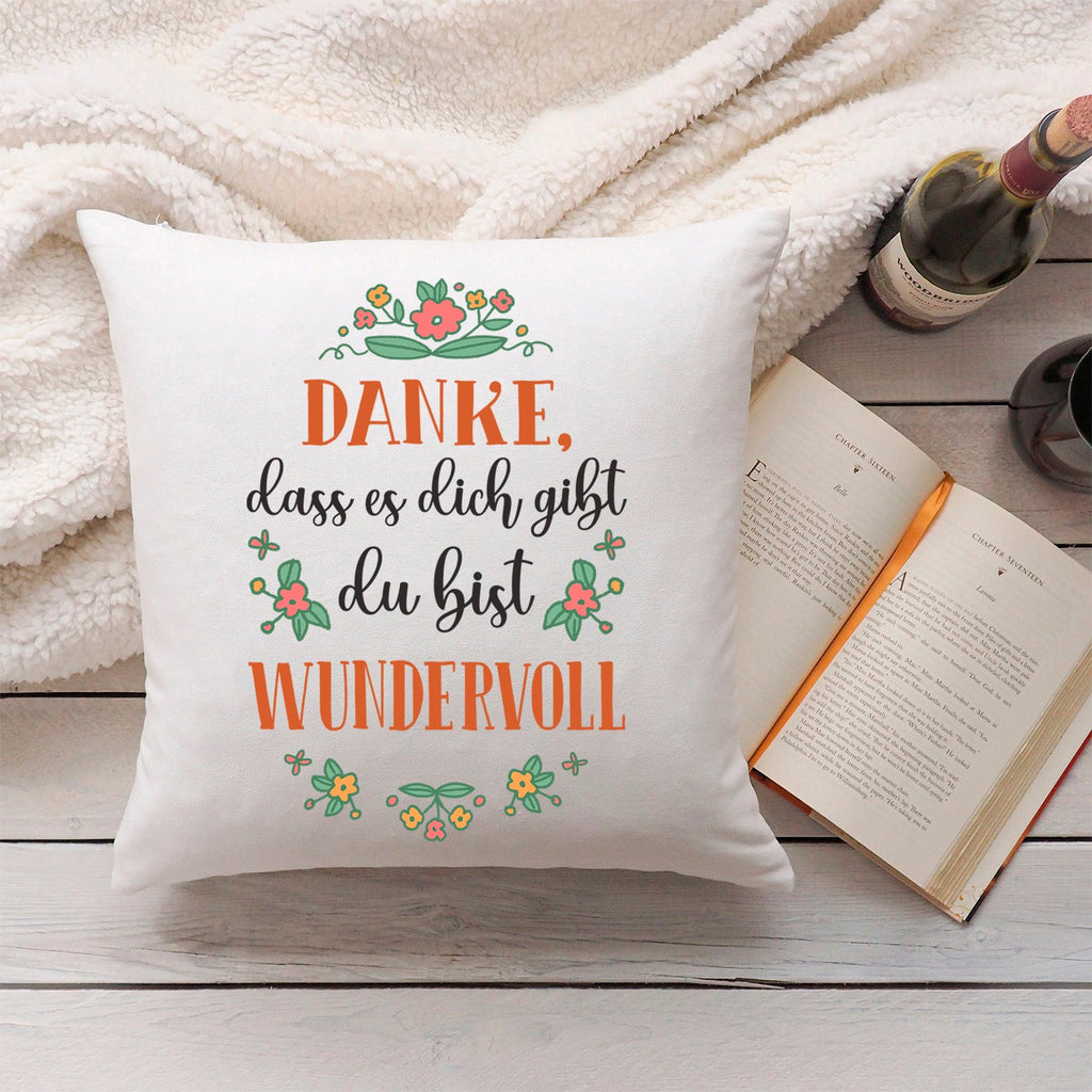 Bedrucktes Kissen mit Spruch Danke, dass es dich gibt du bist wundervoll