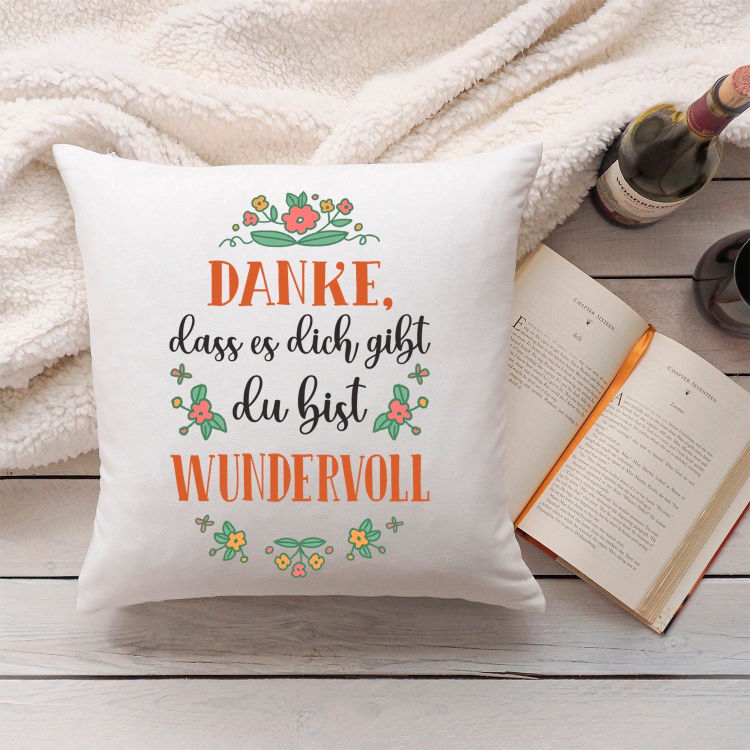 Bedrucktes Kissen mit Spruch Danke, dass es dich gibt du bist wundervoll