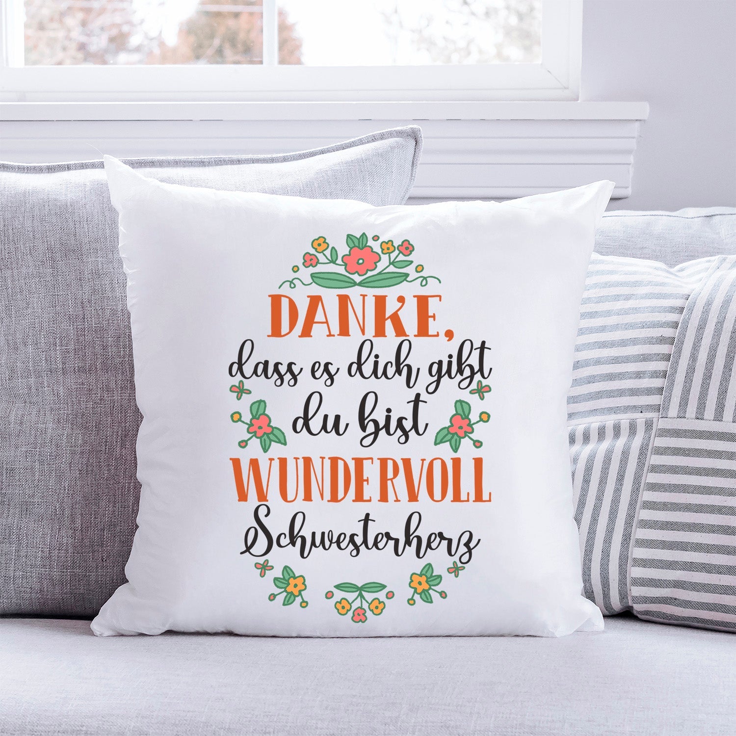 Bedrucktes Kissen mit Spruch Danke, dass es dich gibt du bist wundervoll