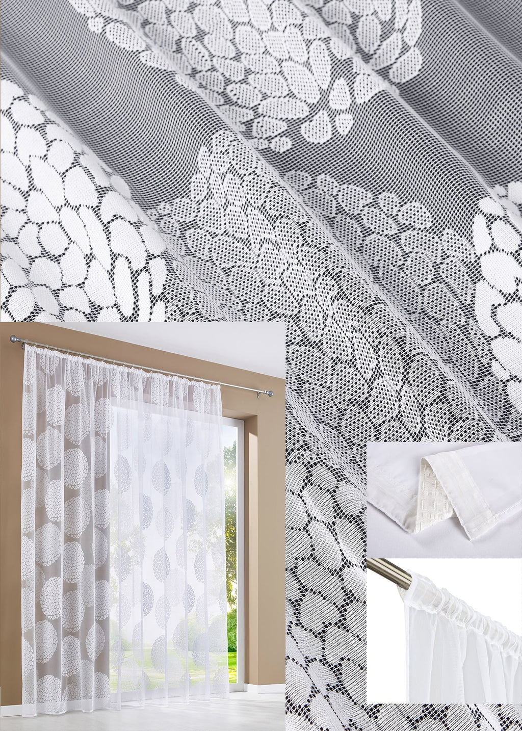 Gardine Store Jacquard »Fabio« Kräuselband Universalband Weiß Kreismuster Transparent Raschel-Gewebe Vorhang Wohnzimmer 13143