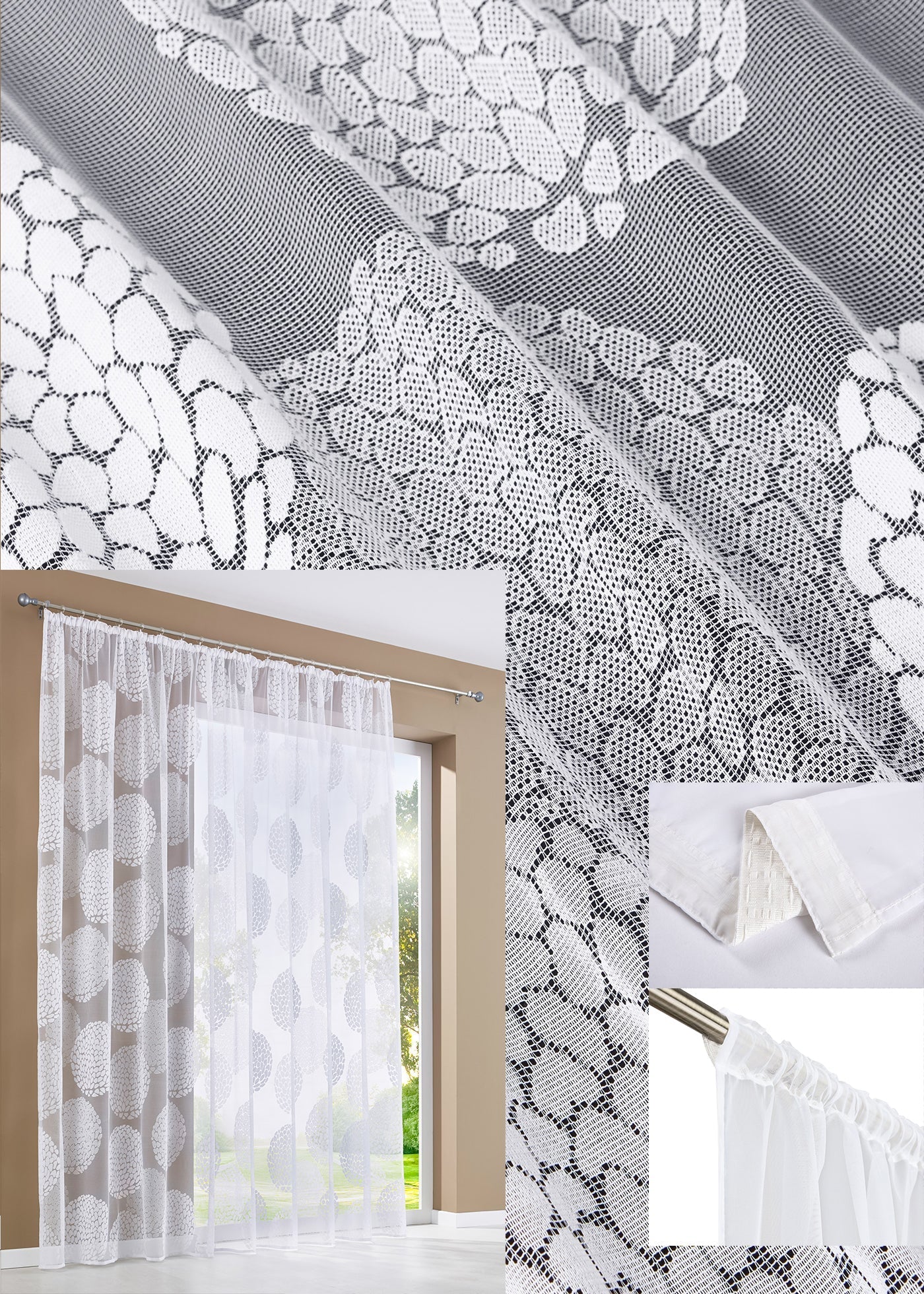 Gardine Store Jacquard »Fabio« Kräuselband Universalband Weiß Kreismuster Transparent Raschel-Gewebe Vorhang Wohnzimmer 13143