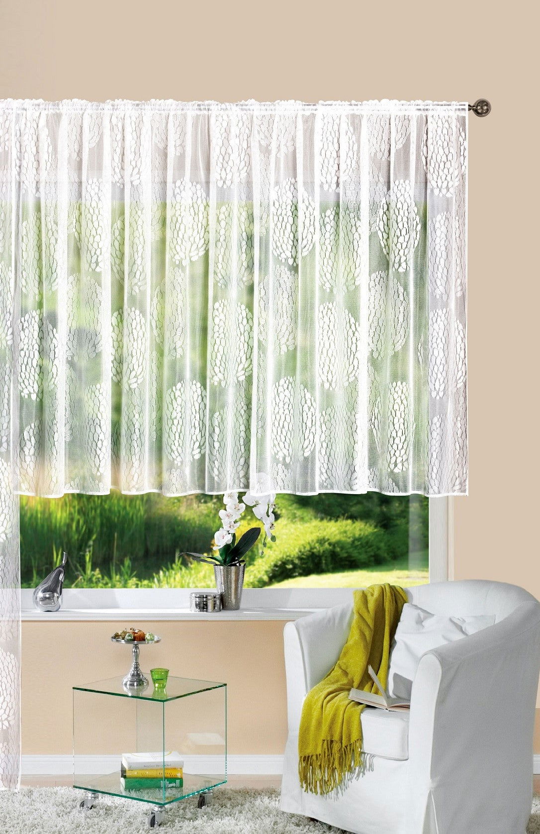 Gardine Store Jacquard »Fabio« Kräuselband Universalband Weiß Kreismuster Transparent Raschel-Gewebe Vorhang Wohnzimmer 13143