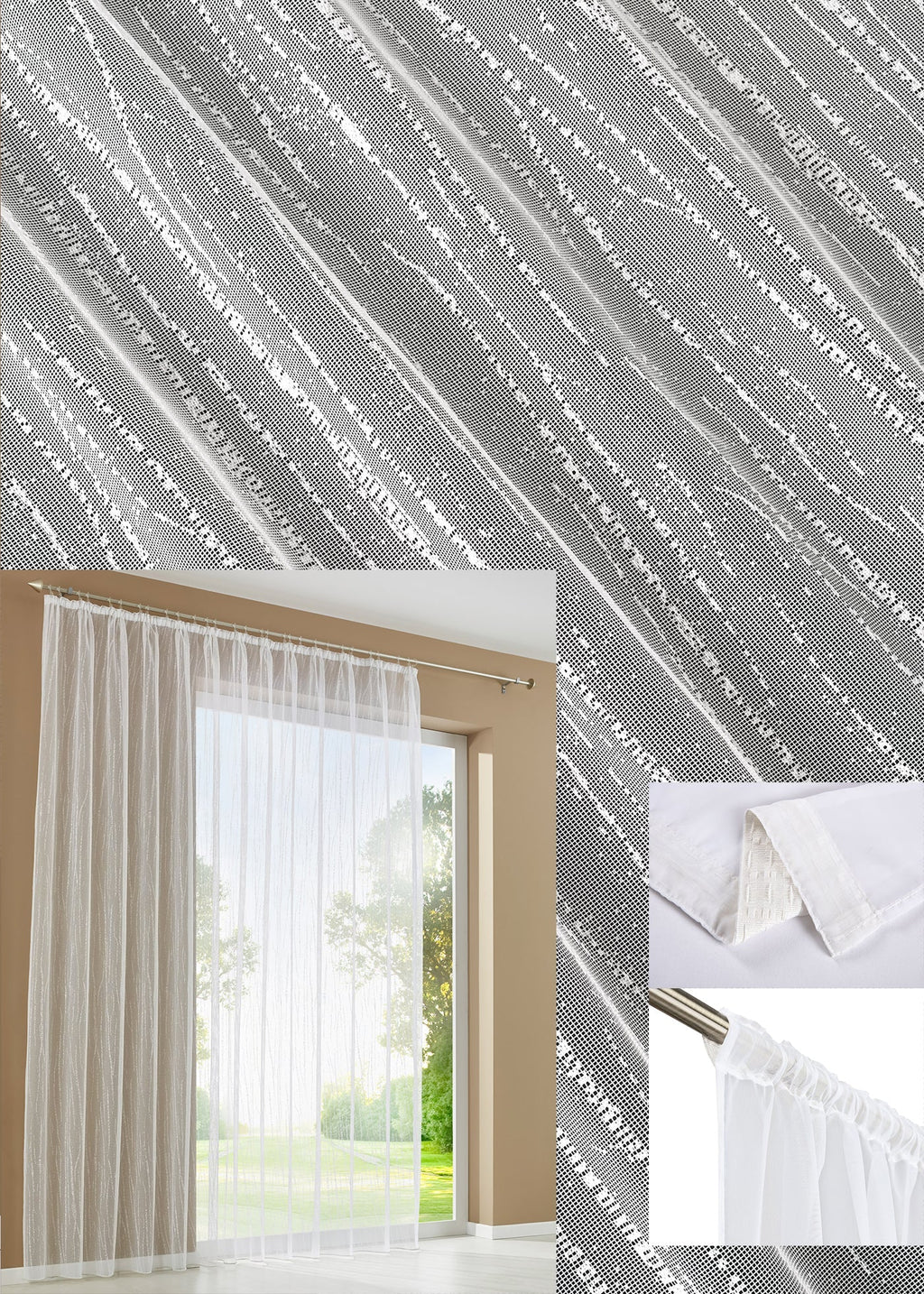Gardine Store Jacquard Isabella Kräuselband Universalband Weiß Längsstreifen Transparent Raschel-Gewebe Vorhang Wohnzimmer 13145