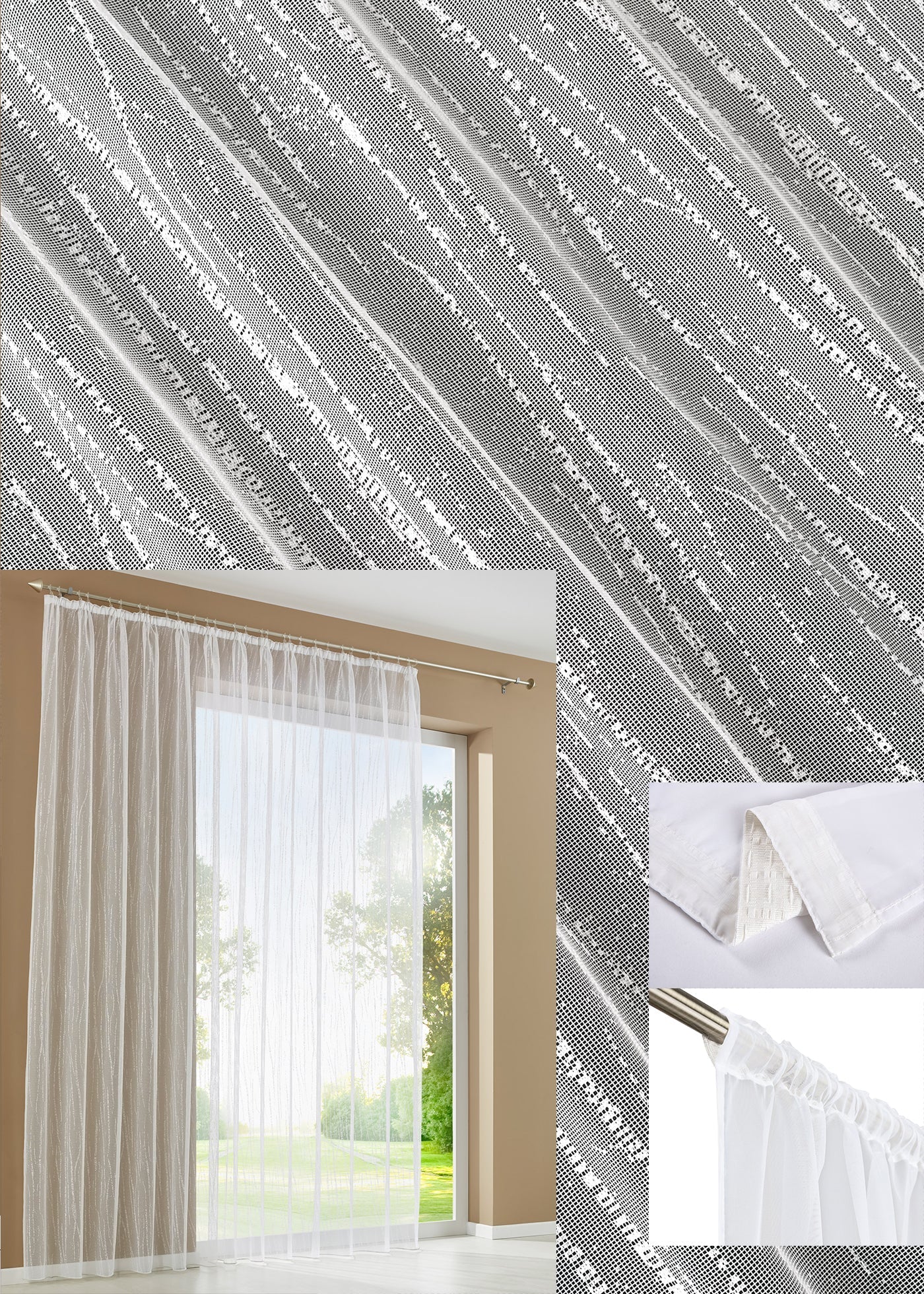Gardine Store Jacquard Isabella Kräuselband Universalband Weiß Längsstreifen Transparent Raschel-Gewebe Vorhang Wohnzimmer 13145