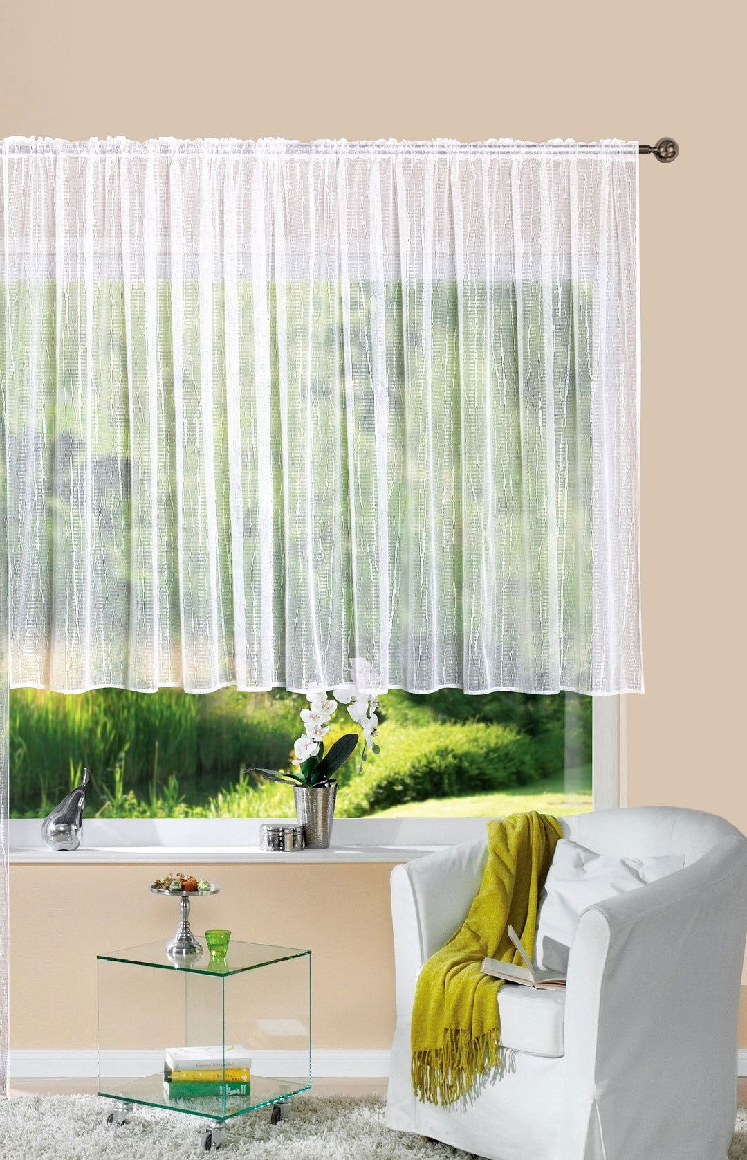 Gardine Store Jacquard Isabella Kräuselband Universalband Weiß Längsstreifen Transparent Raschel-Gewebe Vorhang Wohnzimmer 13145