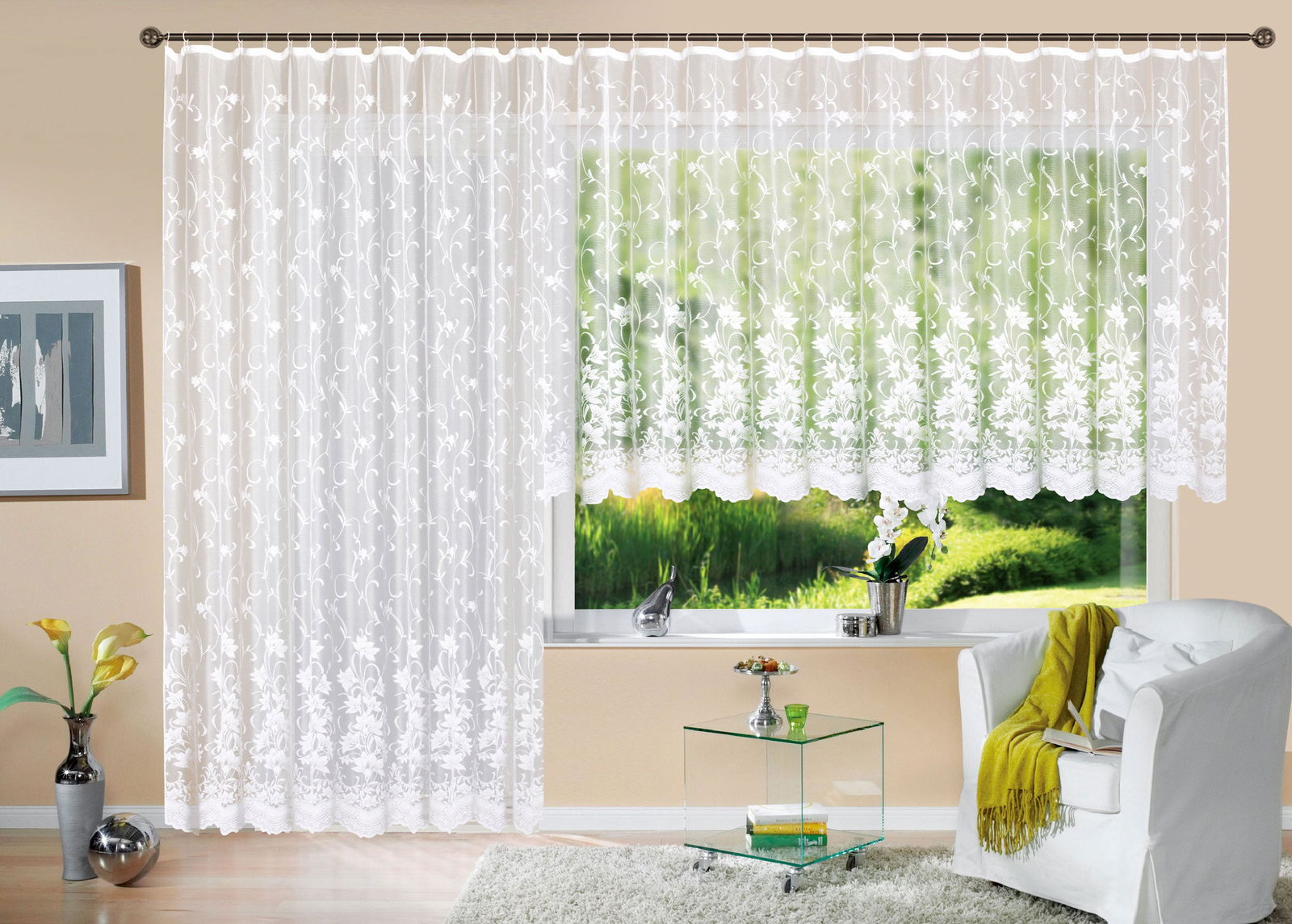 Gardine Store Jacquard Koblenz Kräuselband Universalband Weiß Blumenmuster Transparent Raschel-Gewebe Vorhang Wohnzimmer 13146