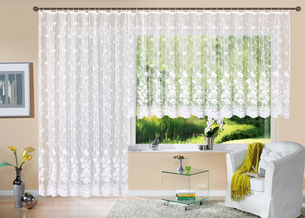 Gardine Store Jacquard Koblenz Kräuselband Universalband Weiß Blumenmuster Transparent Raschel-Gewebe Vorhang Wohnzimmer 13146