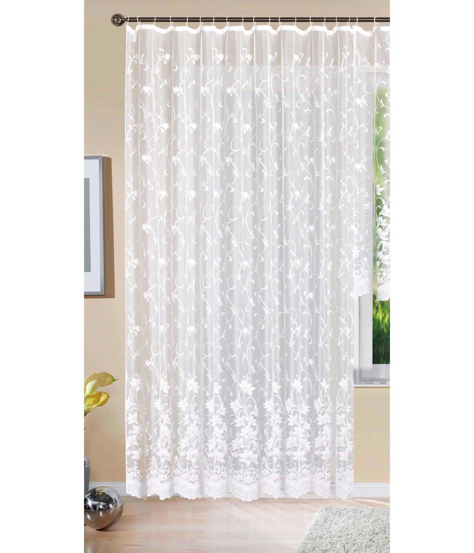 Gardine Store Jacquard Koblenz Kräuselband Universalband Weiß Blumenmuster Transparent Raschel-Gewebe Vorhang Wohnzimmer 13146