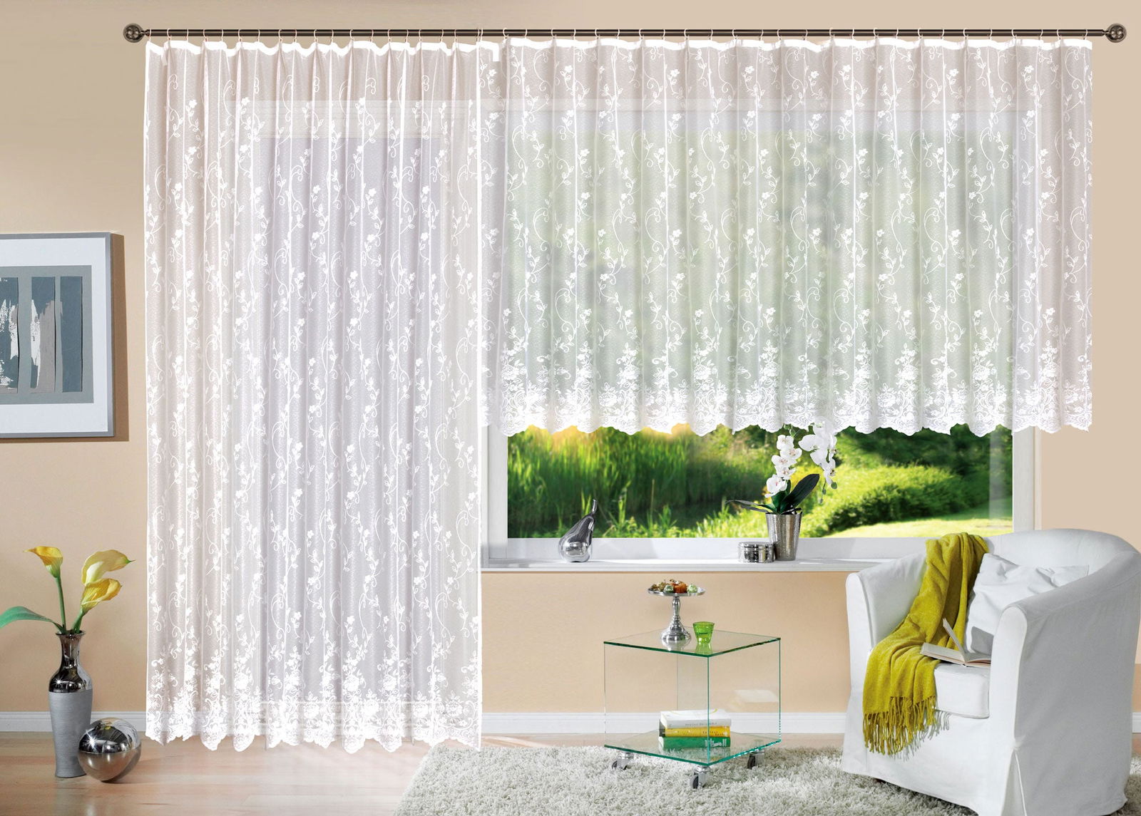 Gardine Store Jacquard Mainz Kräuselband Universalband Weiß Blumenmuster Transparent Raschel-Gewebe Vorhang Wohnzimmer 13144