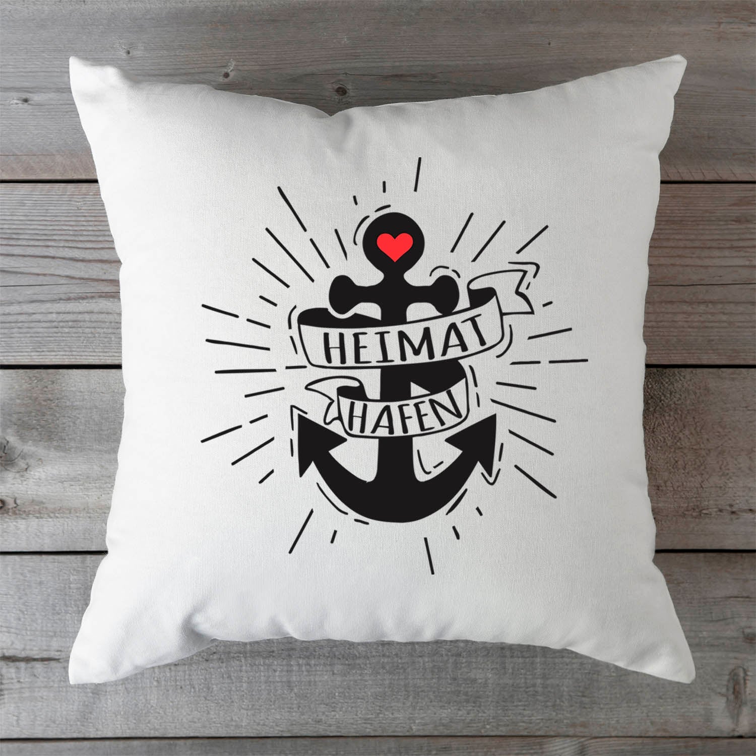 Bedrucktes Kissen mit Spruch Heimat Hafen