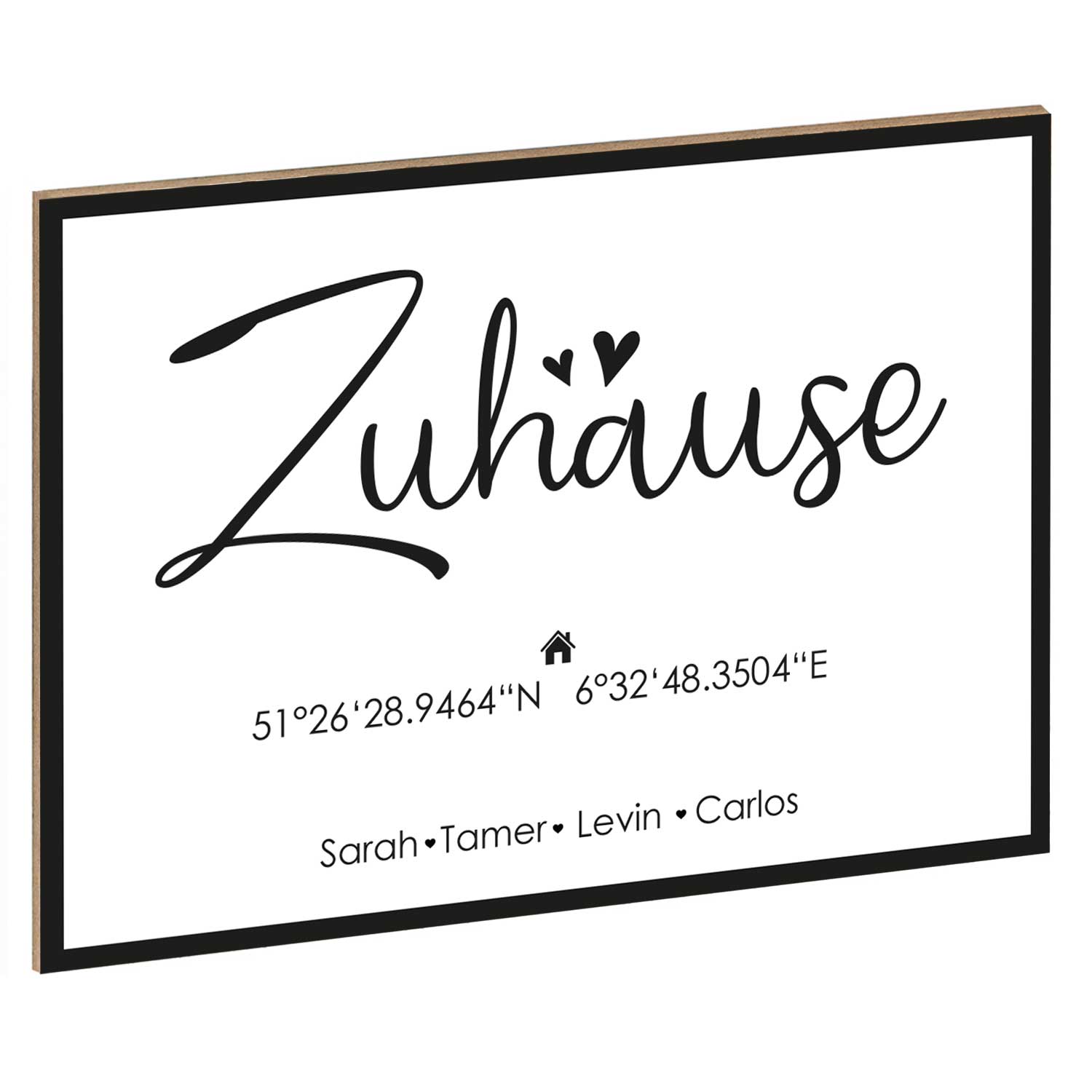 Holzschild Motiv Zuhause mit Namen & Koordinaten