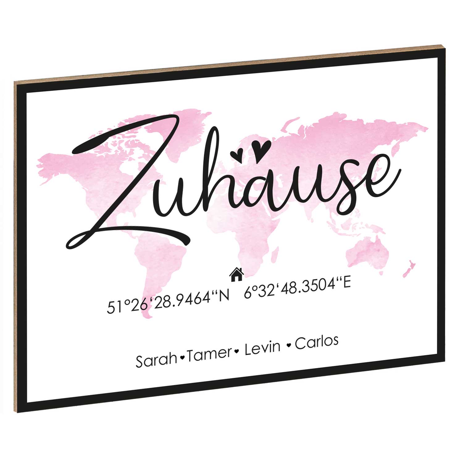 Holzschild Motiv Zuhause mit Namen & Koordinaten