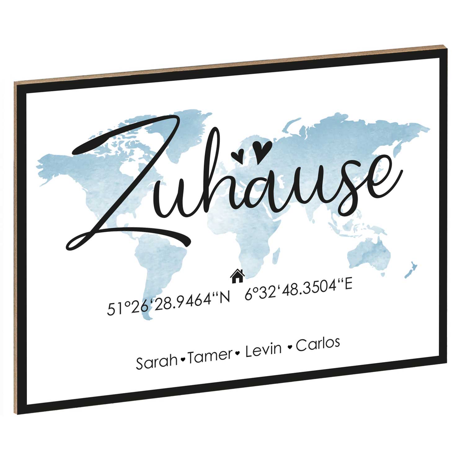 Holzschild Motiv Zuhause mit Namen & Koordinaten