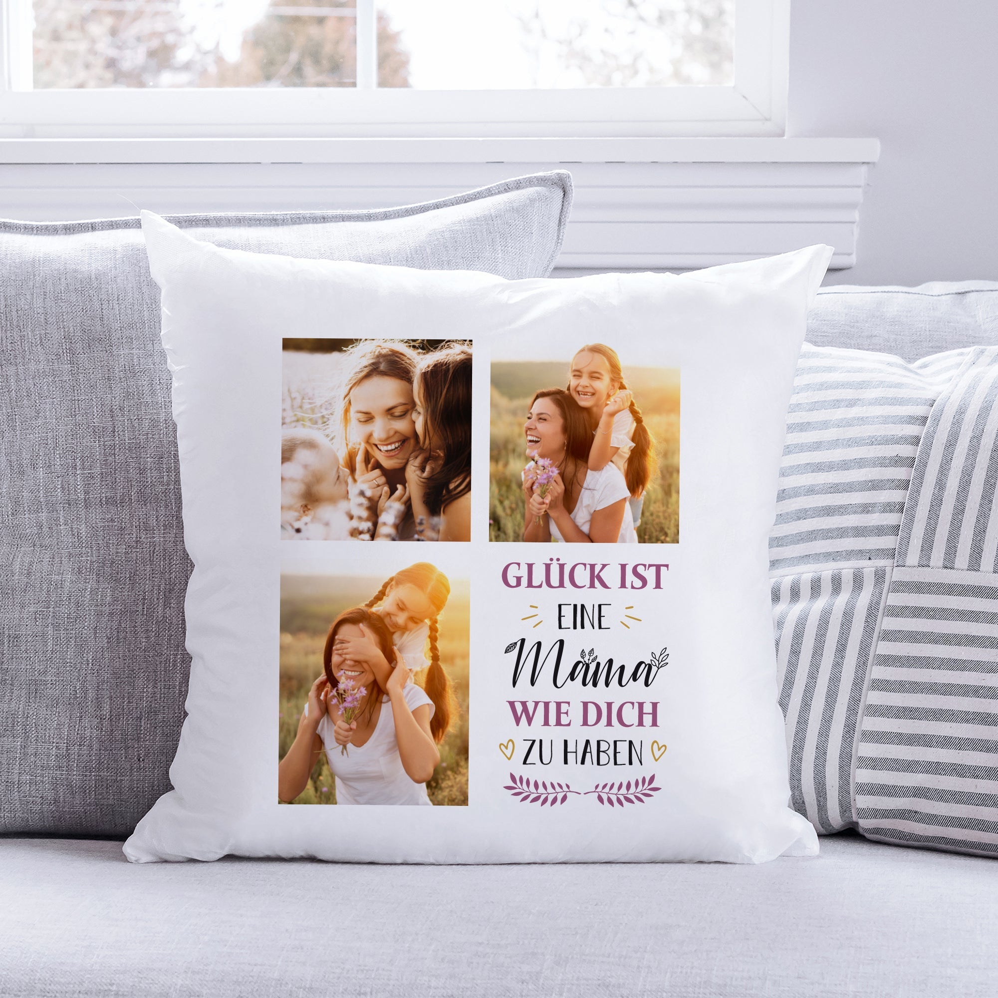 Bedrucktes Kissen mit Spruch Glück ist eine Mama wie dich zu haben & eigenen Fotos