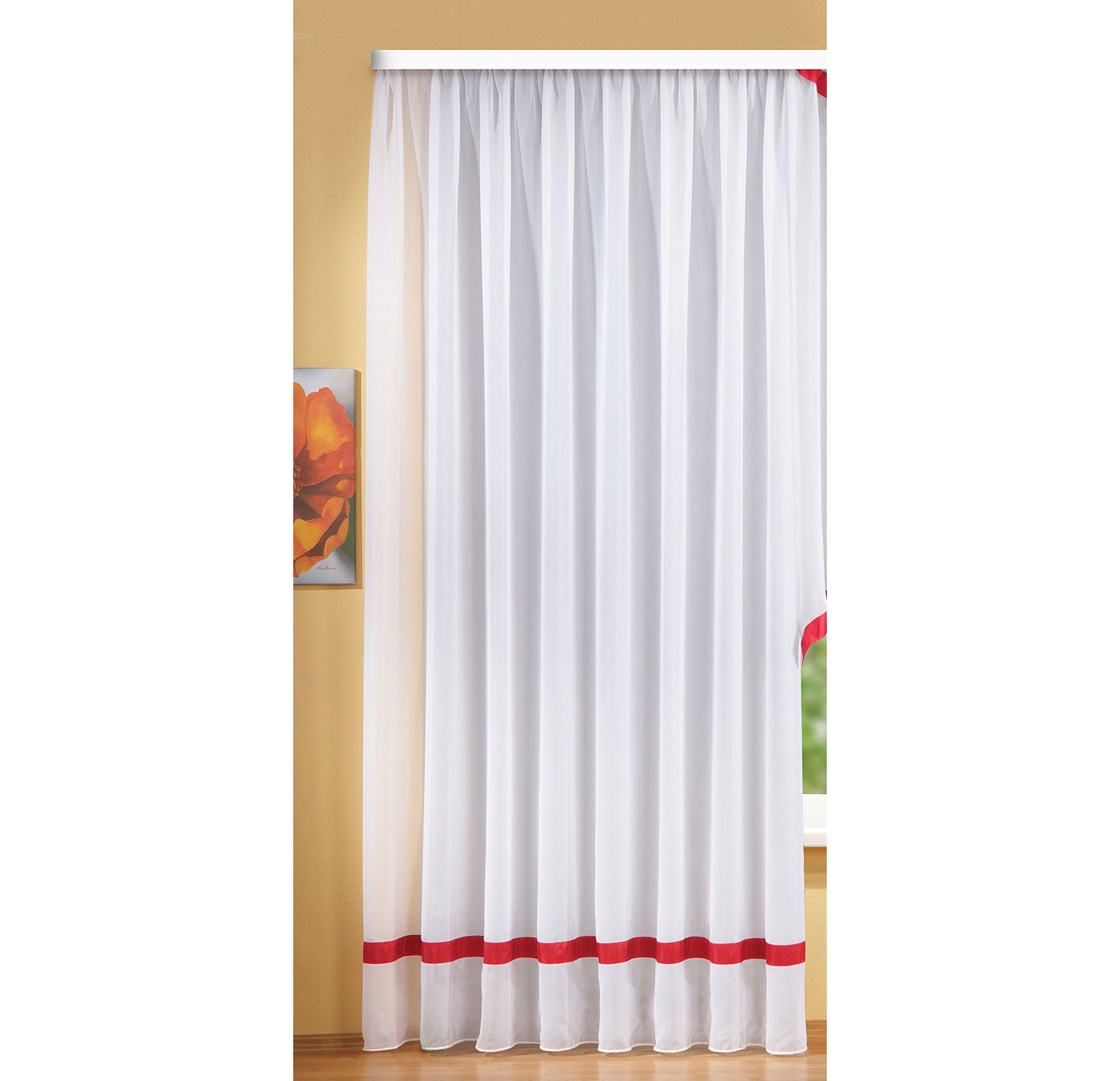 Langstore Gardine mit Kräuselband und Borte aus mattem Microsatin Micofaser-Gewebe. 20424