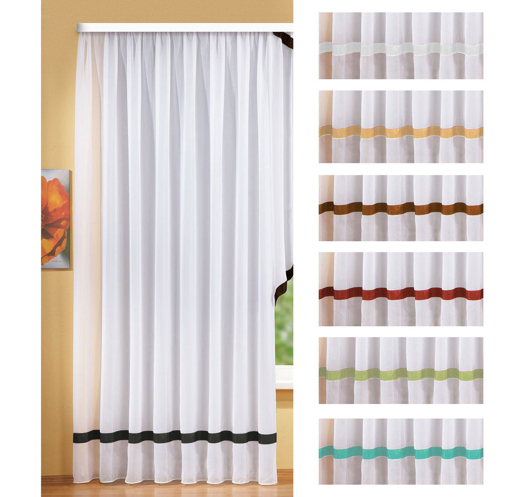 Langstore Gardine mit Kräuselband und Borte aus mattem Microsatin Micofaser-Gewebe. 20424