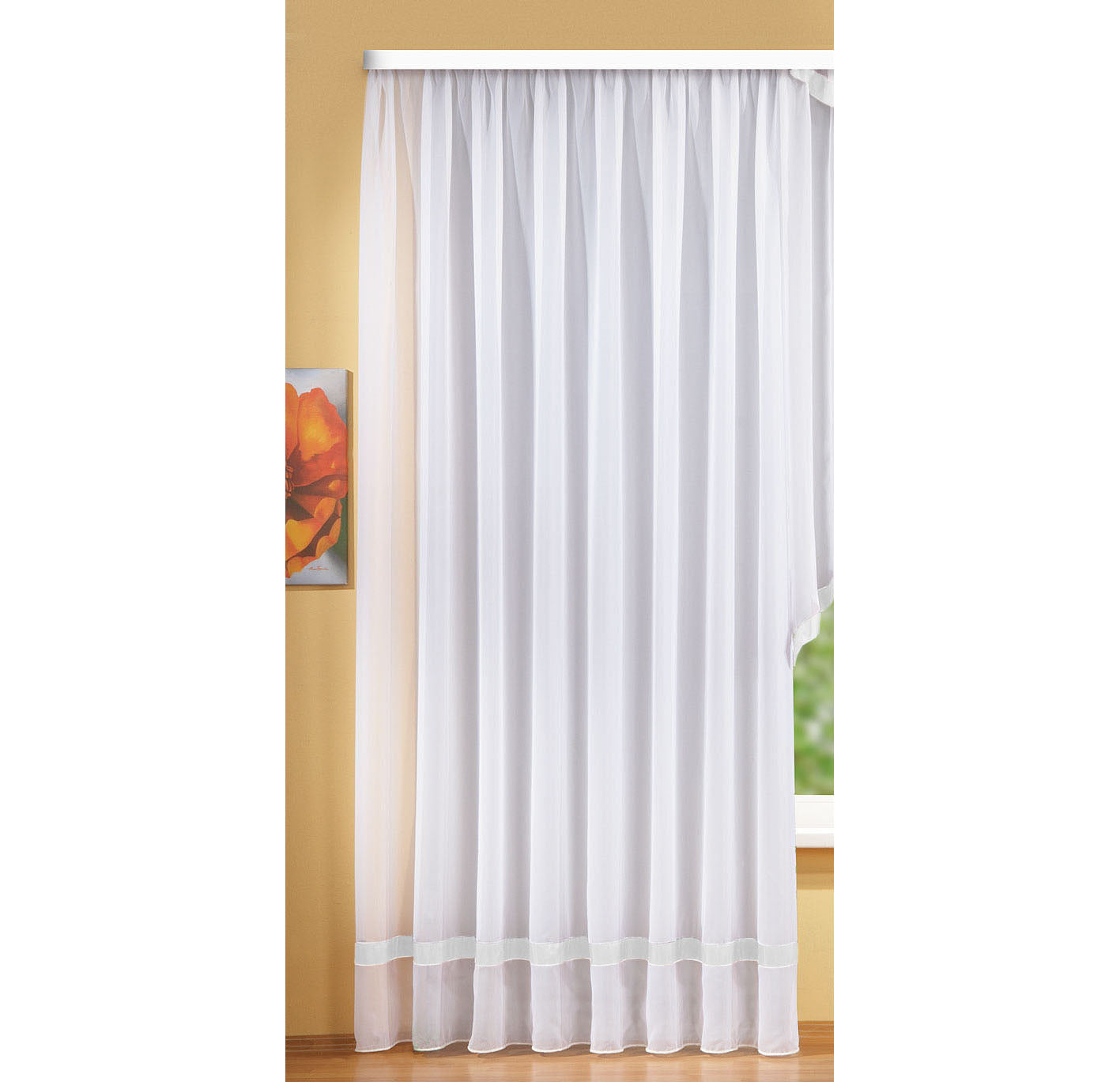 Langstore Gardine mit Kräuselband und Borte aus mattem Microsatin Micofaser-Gewebe. 20424